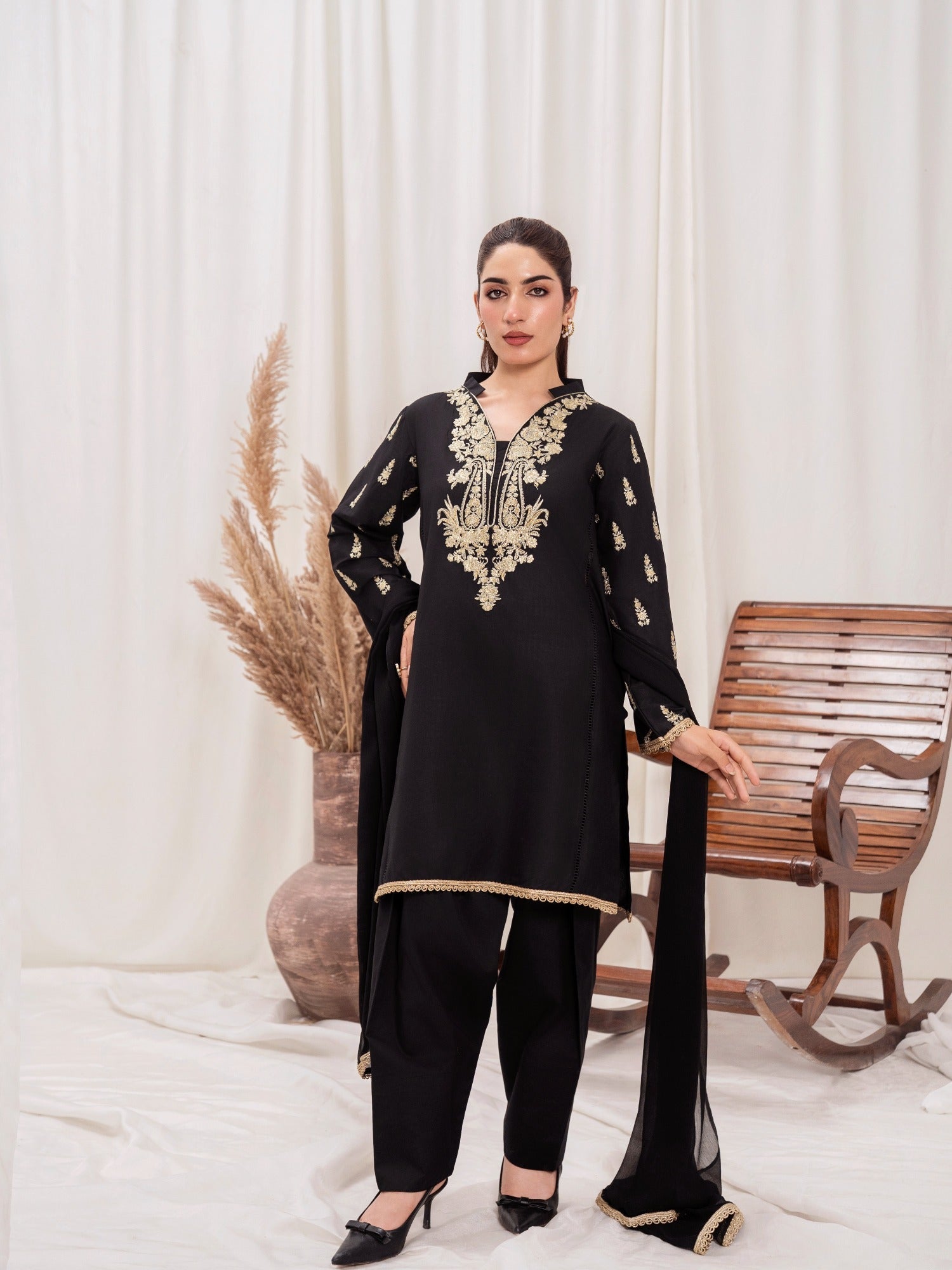 Black HEM Lawn Cotton Embroidered Stitched 3-Piece Suit- Star Gold