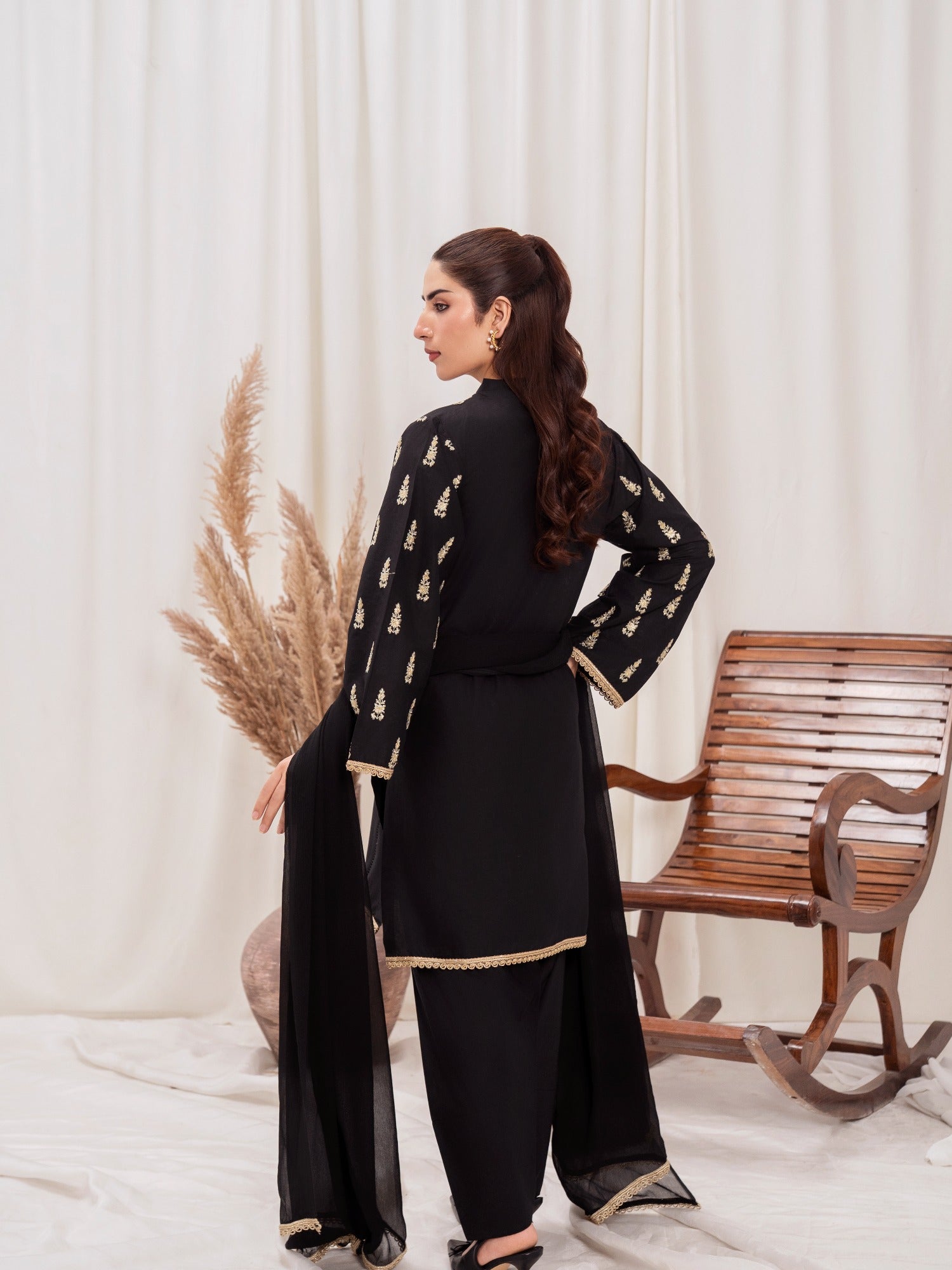 Black HEM Lawn Cotton Embroidered Stitched 3-Piece Suit- Star Gold