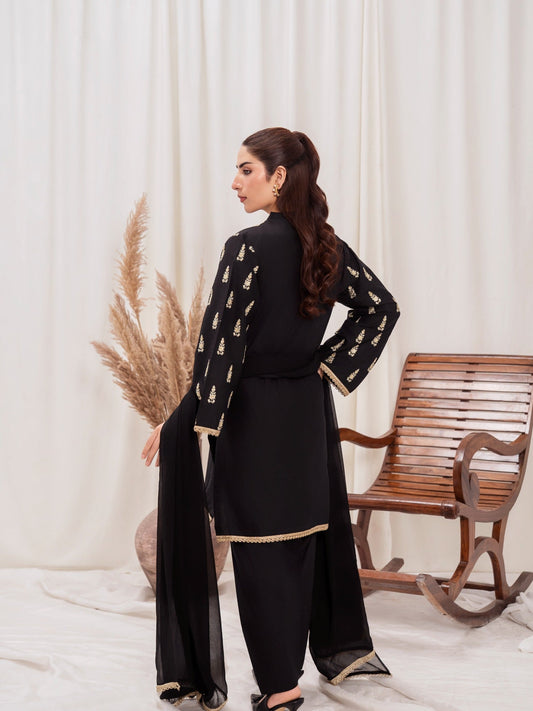 Black HEM Lawn Cotton Embroidered Stitched 3-Piece Suit- Star Gold