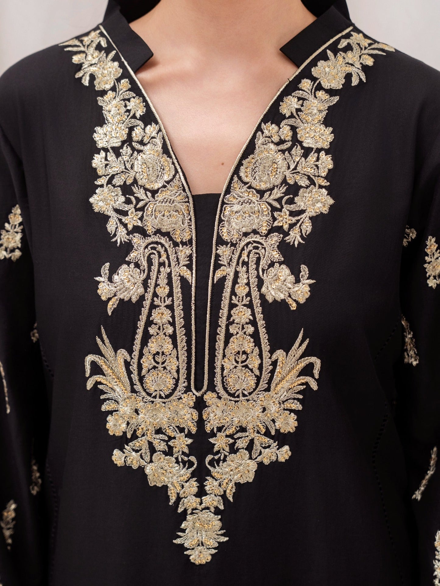 Black HEM Lawn Cotton Embroidered Stitched 3-Piece Suit- Star Gold