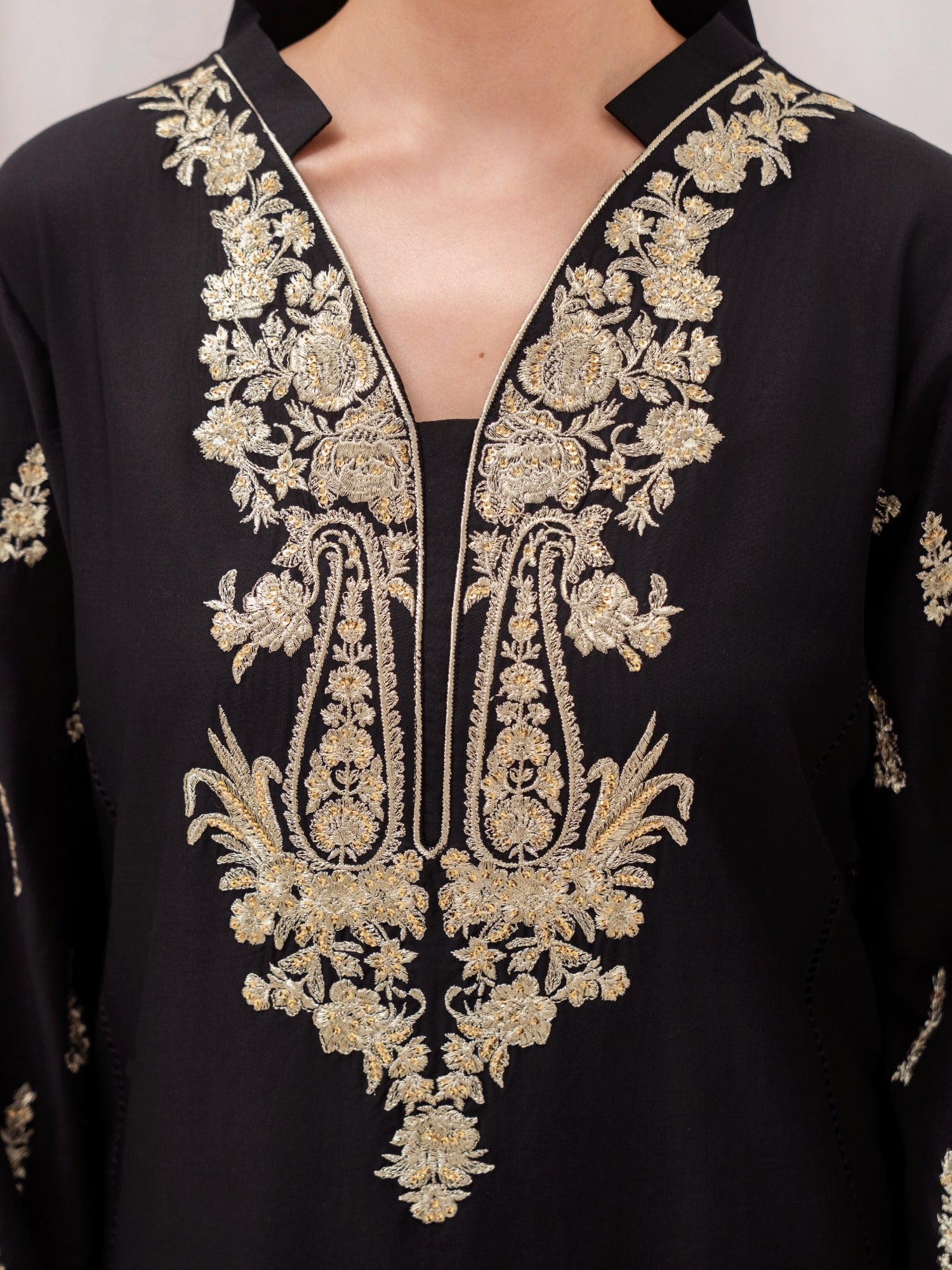 Black HEM Lawn Cotton Embroidered Stitched 3-Piece Suit- Star Gold