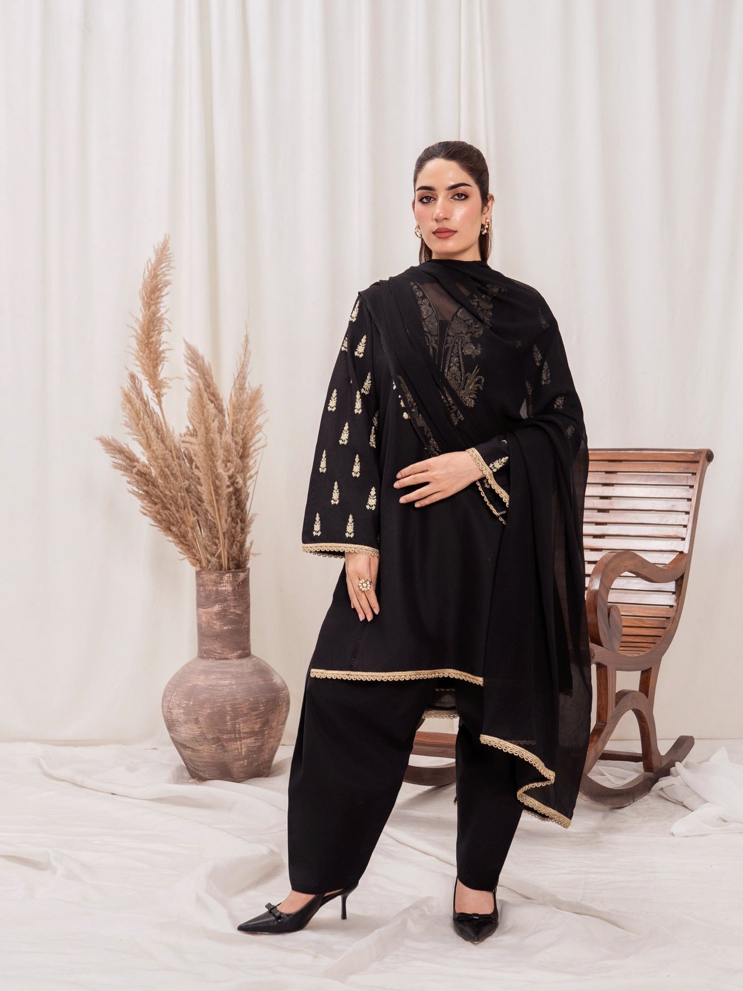 Black HEM Lawn Cotton Embroidered Stitched 3-Piece Suit- Star Gold