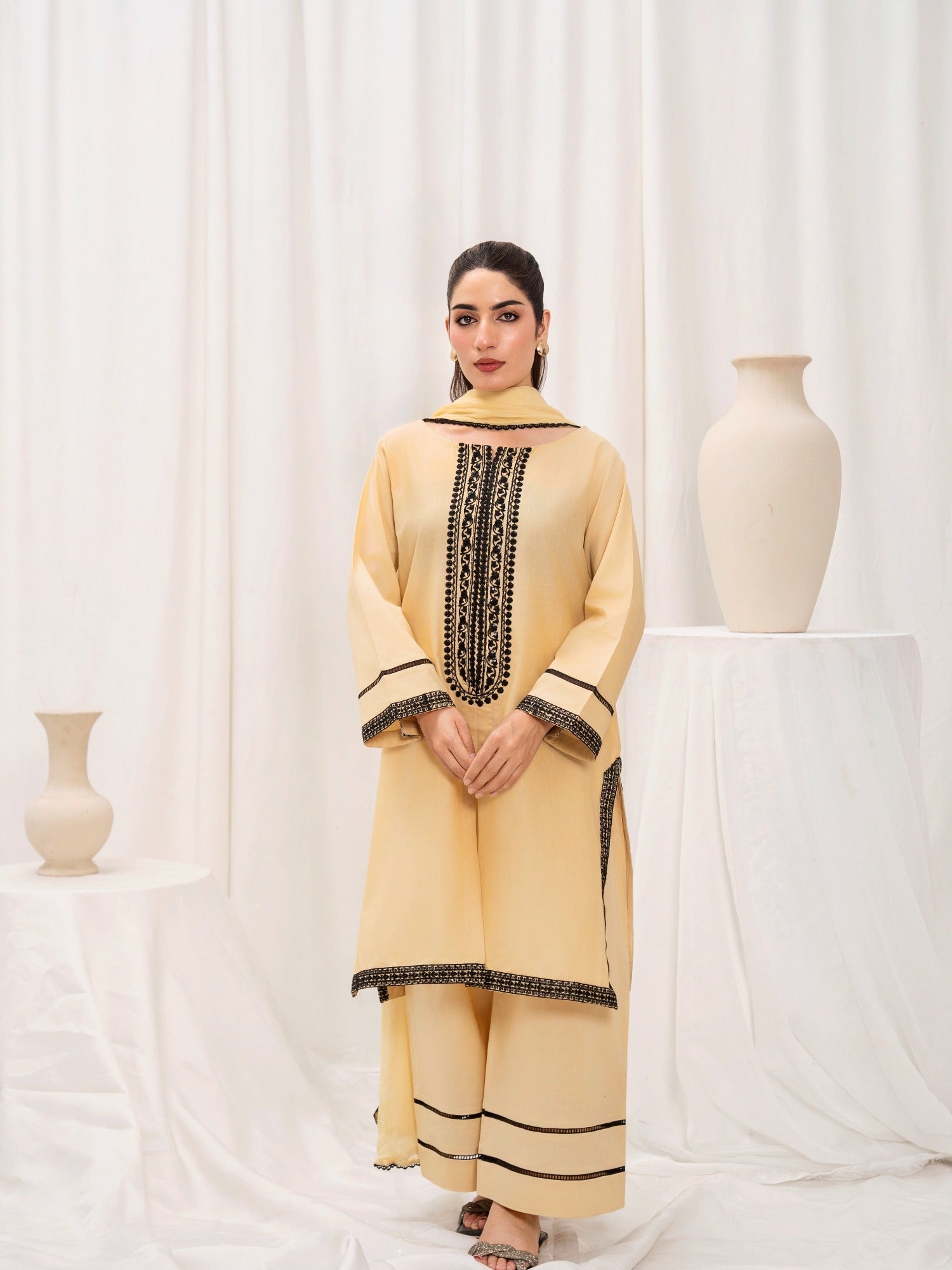 Golden HEM Lawn Cotton Embroidered Stitched 3-Piece Suit-June
