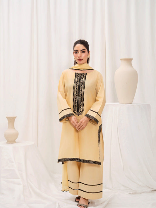 Golden HEM Lawn Cotton Embroidered Stitched 3-Piece Suit-June