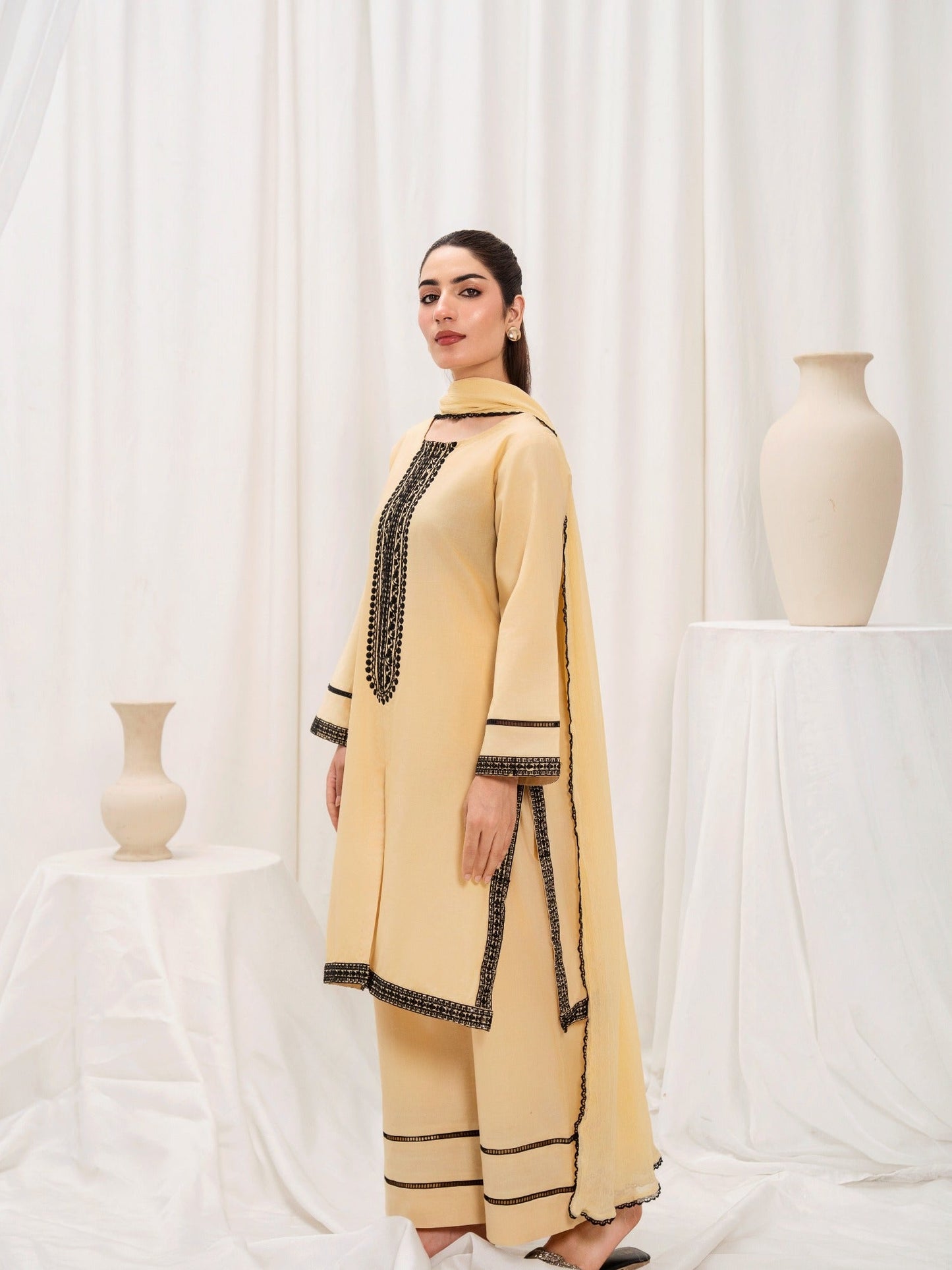 Golden HEM Lawn Cotton Embroidered Stitched 3-Piece Suit-June