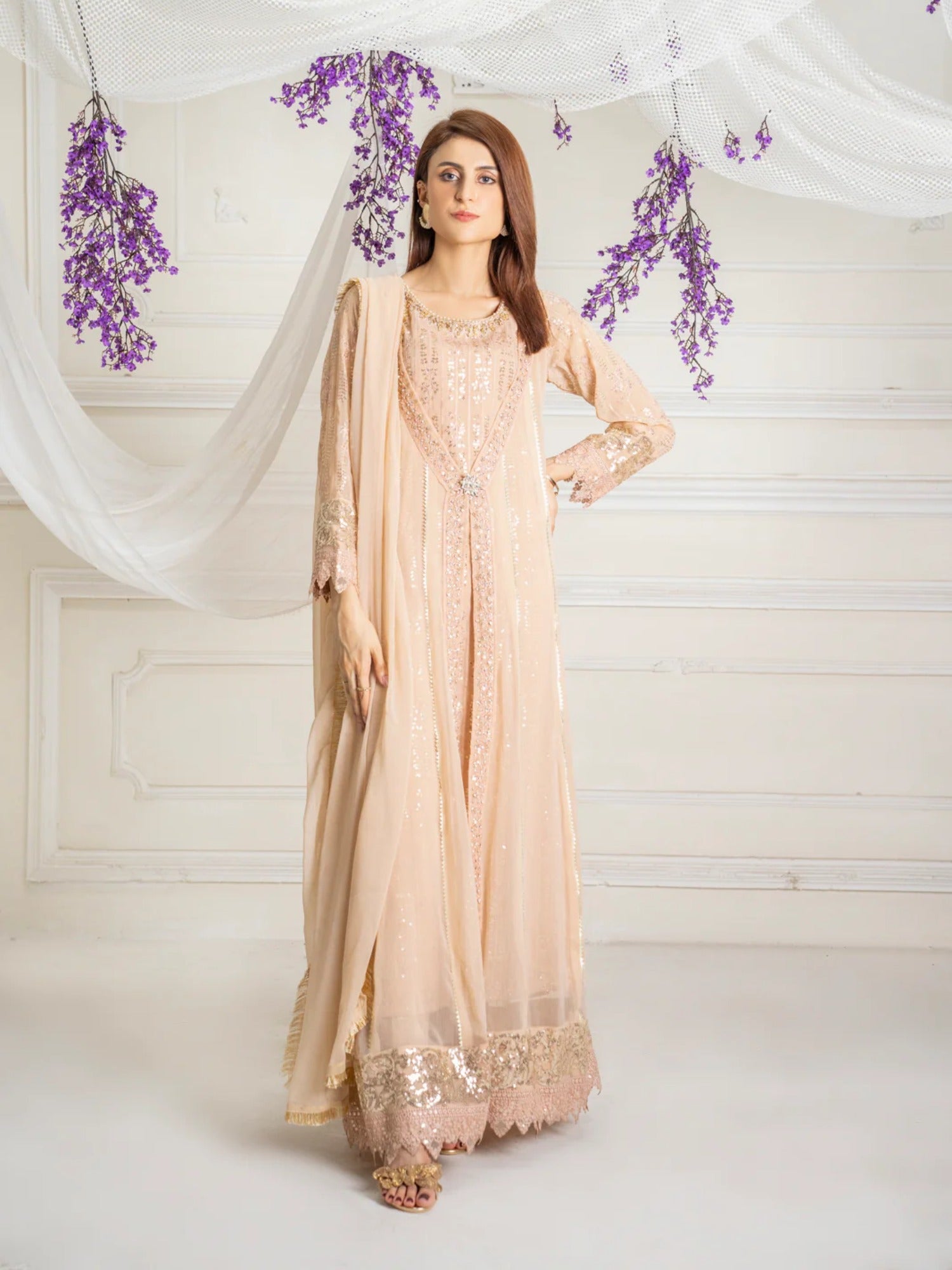 Manahil Arts Chiffon Embroidered Stitched 3-Piece Suit-Kurti-B-005-Peach