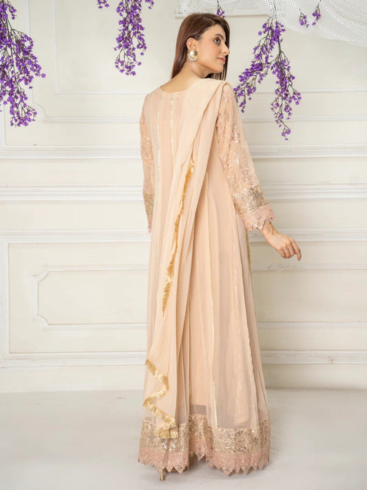 Manahil Arts Chiffon Embroidered Stitched 3-Piece Suit-Kurti-B-005-Peach