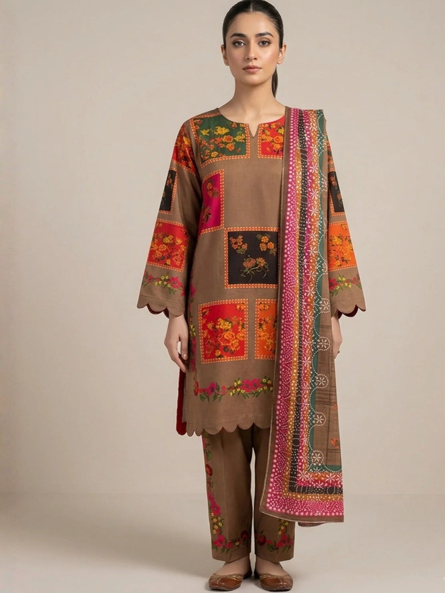 Brown-Pyara Jora Lawn Printed Stitched 3-Piece Suit-Sitara
