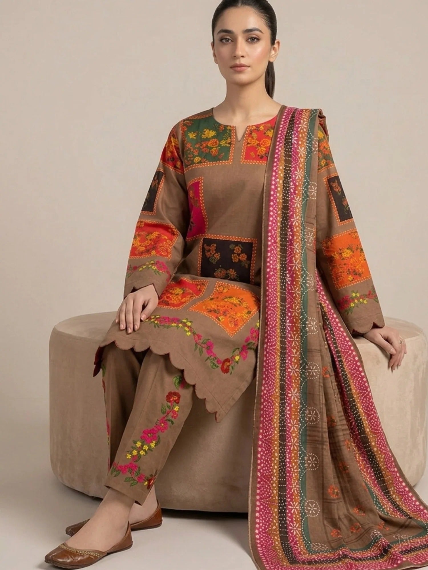 Brown-Pyara Jora Lawn Printed Stitched 3-Piece Suit-Sitara