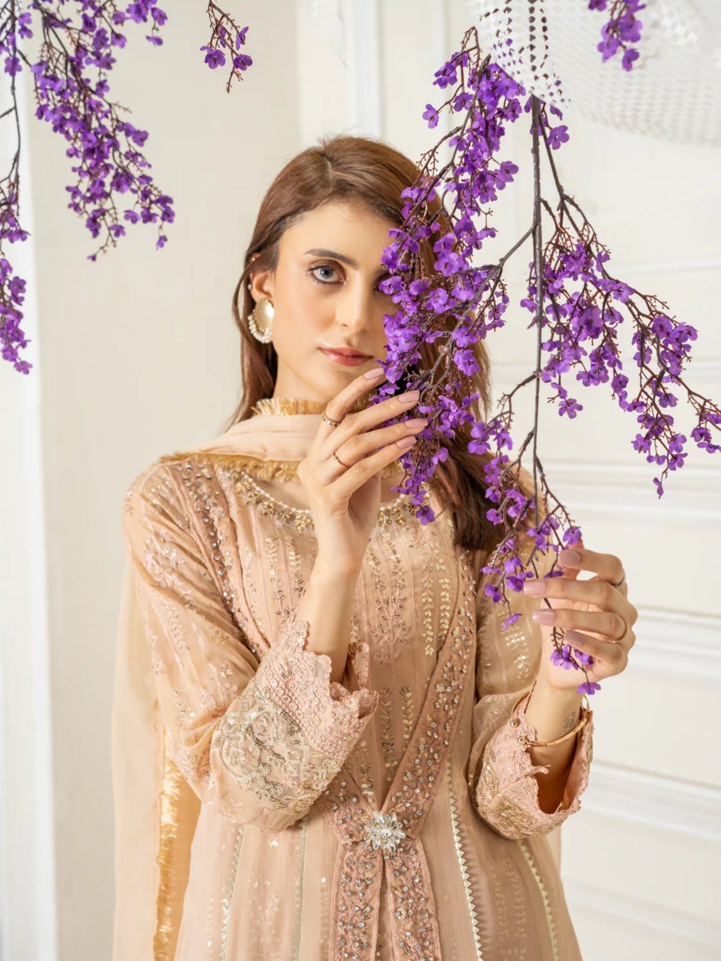 Manahil Arts Chiffon Embroidered Stitched 3-Piece Suit-Kurti-B-005-Peach
