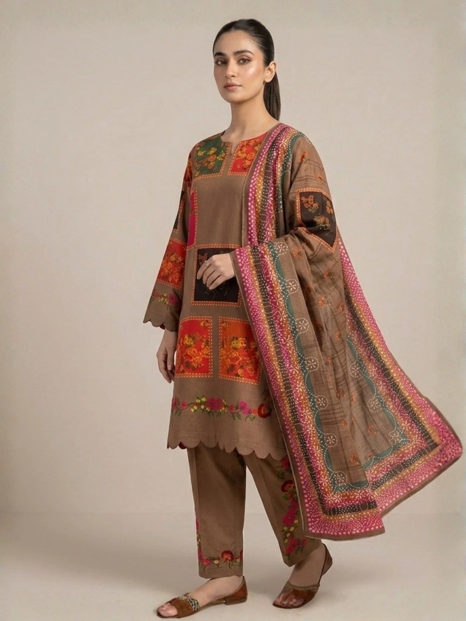 Brown-Pyara Jora Lawn Printed Stitched 3-Piece Suit-Sitara