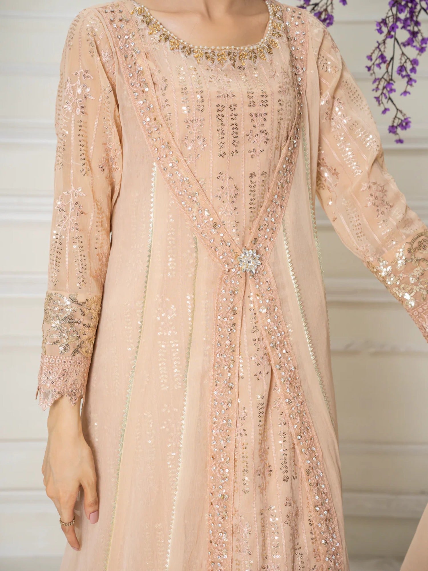 Manahil Arts Chiffon Embroidered Stitched 3-Piece Suit-Kurti-B-005-Peach