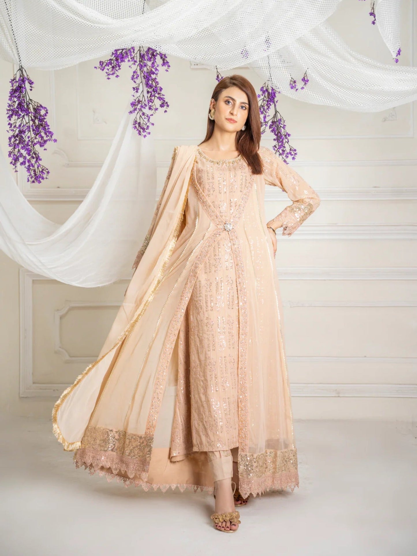 Manahil Arts Chiffon Embroidered Stitched 3-Piece Suit-Kurti-B-005-Peach