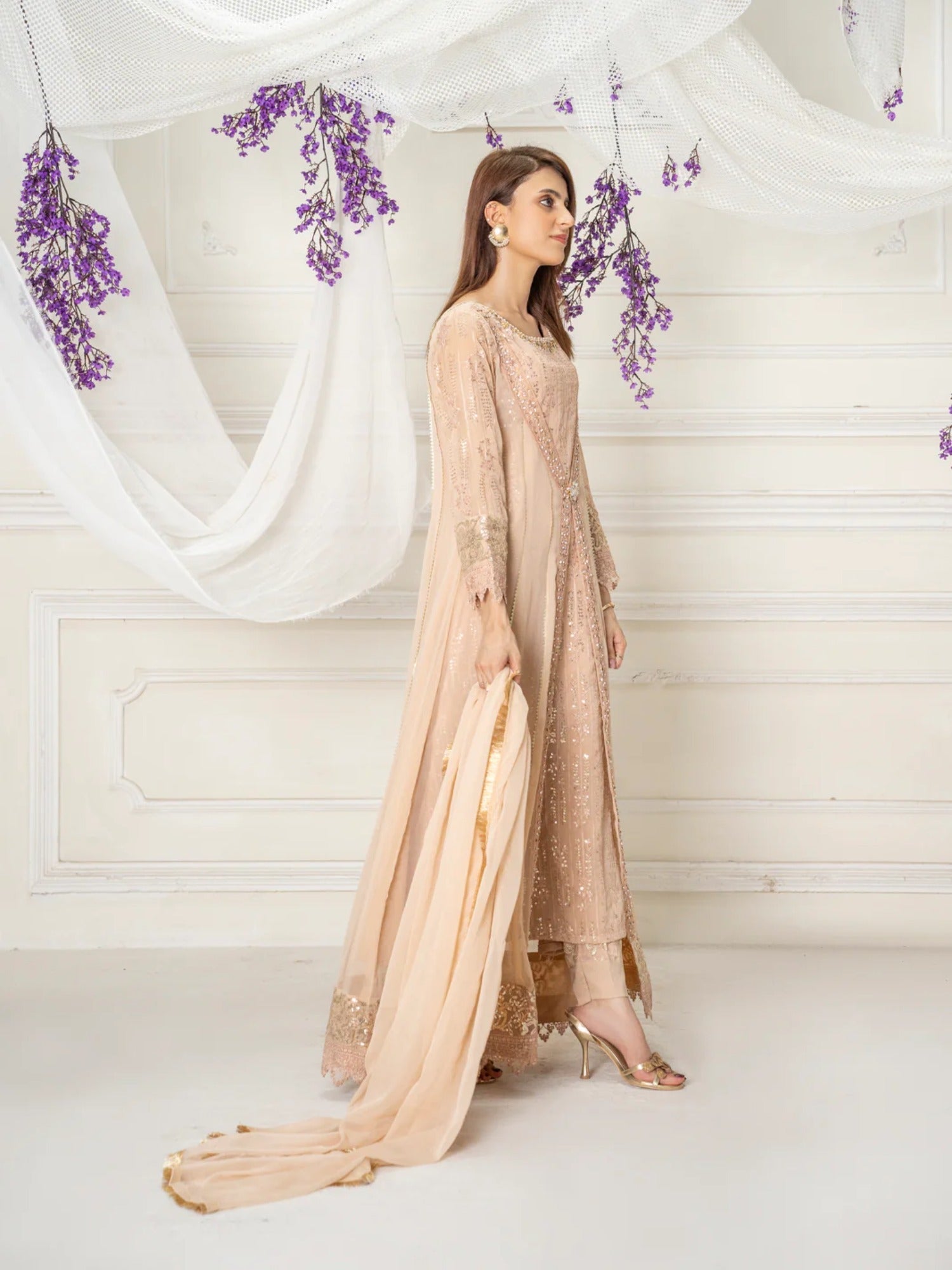 Manahil Arts Chiffon Embroidered Stitched 3-Piece Suit-Kurti-B-005-Peach