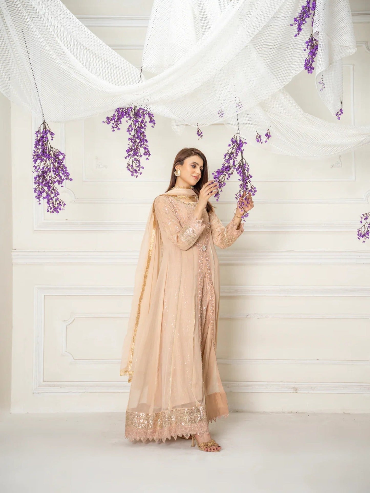 Manahil Arts Chiffon Embroidered Stitched 3-Piece Suit-Kurti-B-005-Peach