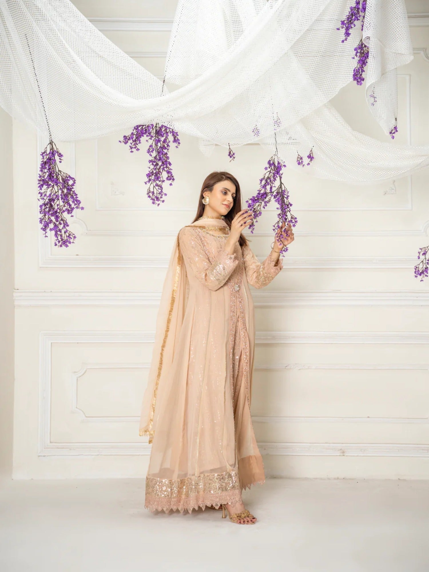 Manahil Arts Chiffon Embroidered Stitched 3-Piece Suit-Kurti-B-005-Peach