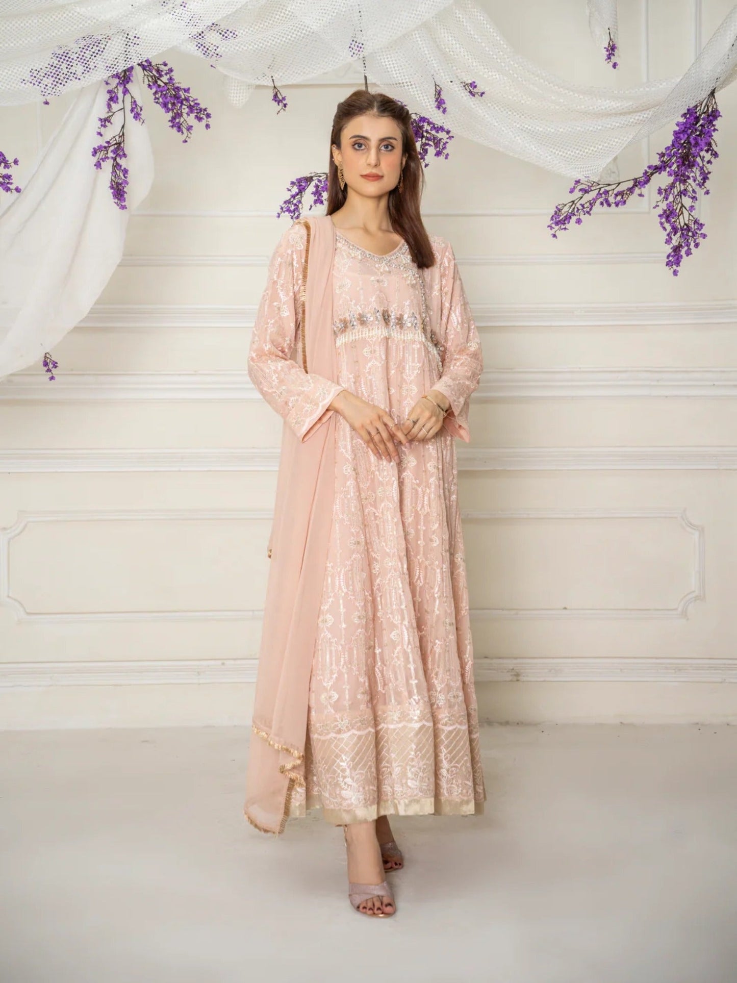Peach Manahil Arts Chiffon Embellished Stitched 3-Piece Suit-ND-6-Peach