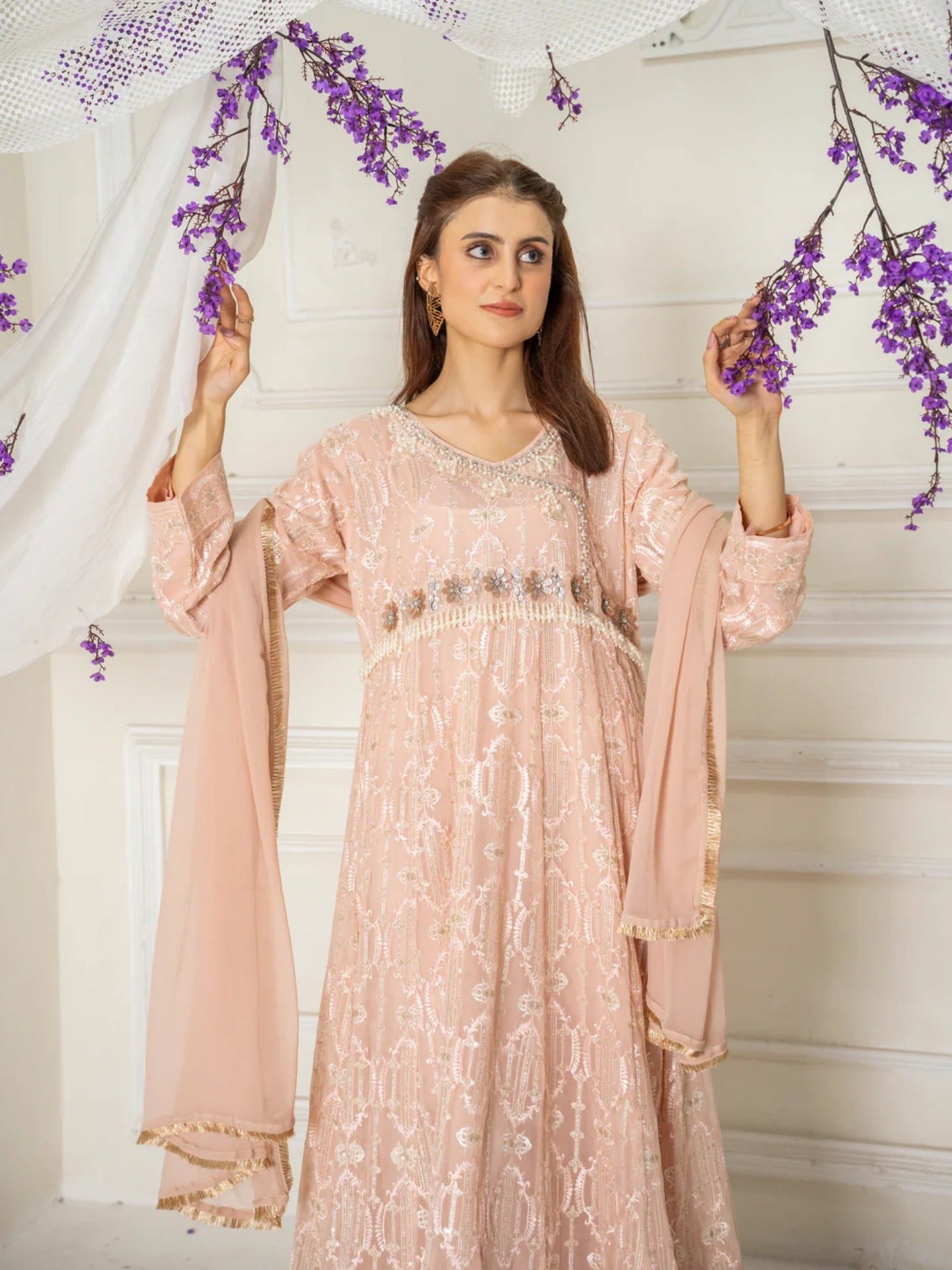 Peach Manahil Arts Chiffon Embellished Stitched 3-Piece Suit-ND-6-Peach