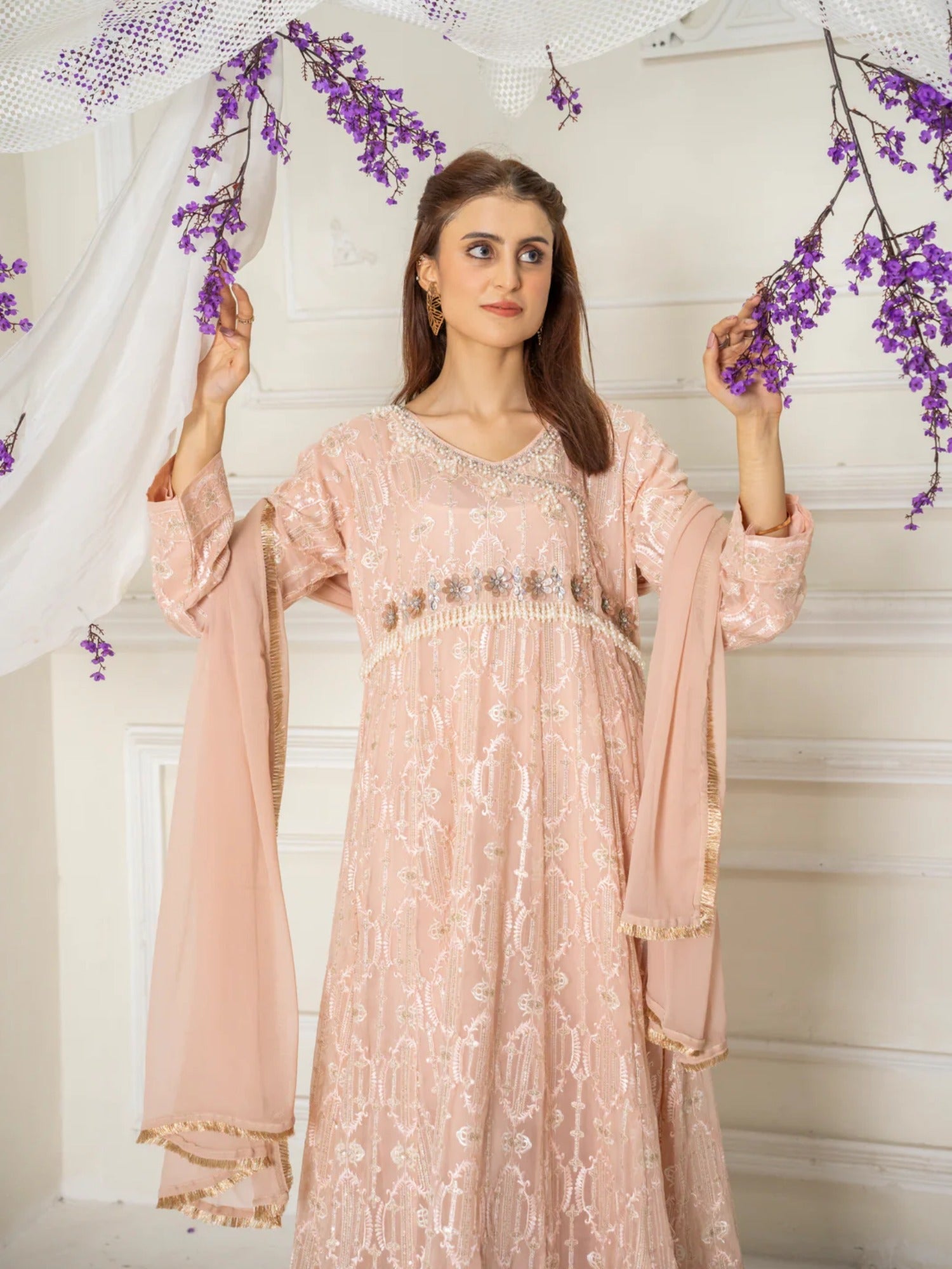 Peach Manahil Arts Chiffon Embellished Stitched 3-Piece Suit-ND-6-Peach