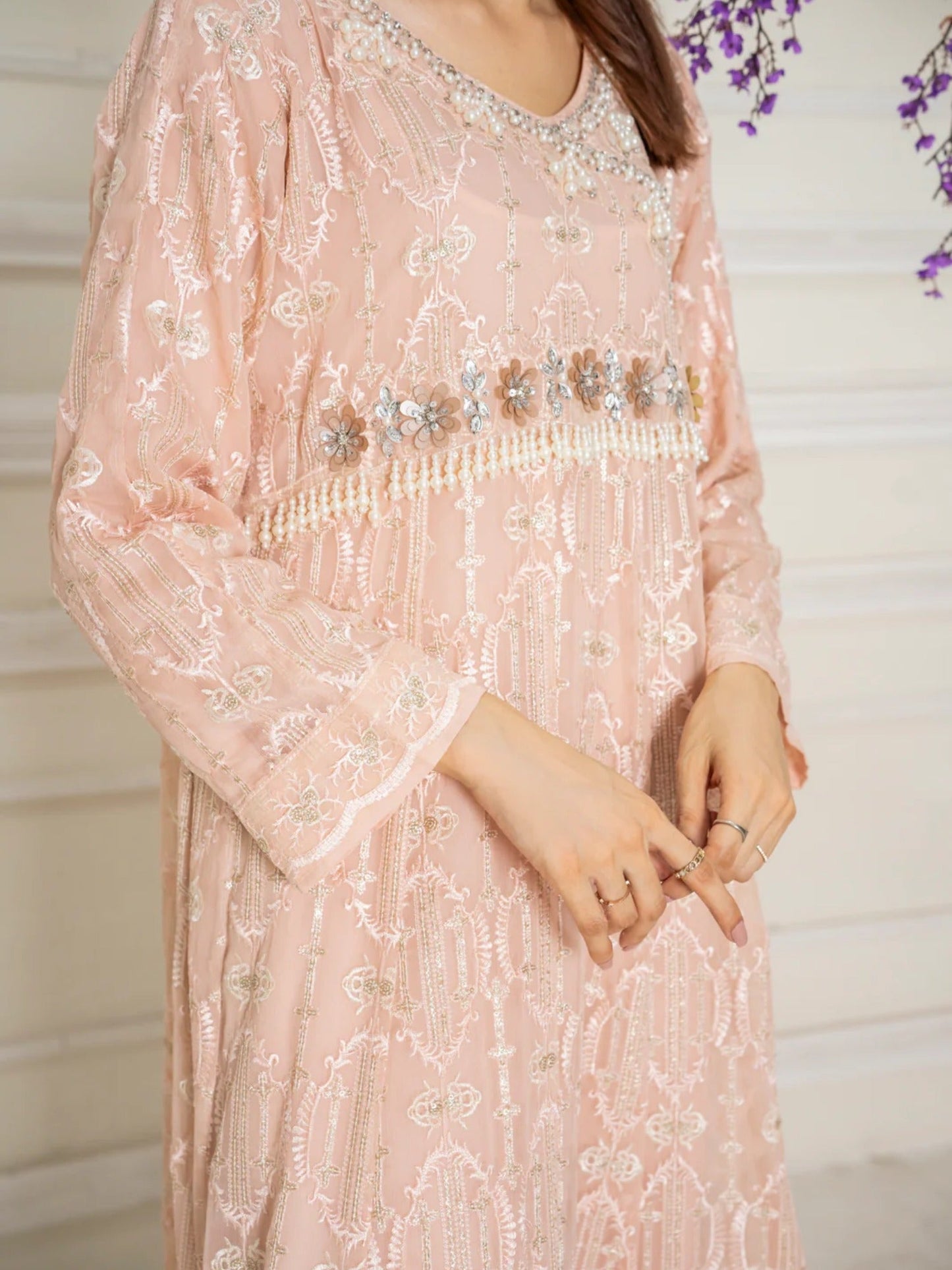 Peach Manahil Arts Chiffon Embellished Stitched 3-Piece Suit-ND-6-Peach