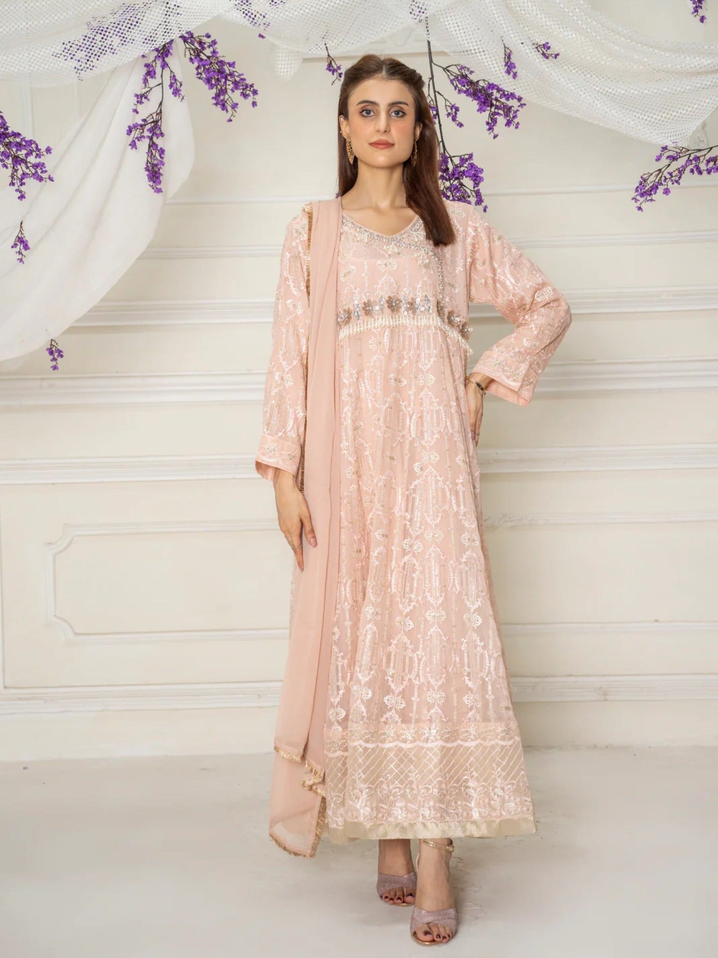 Peach Manahil Arts Chiffon Embellished Stitched 3-Piece Suit-ND-6-Peach