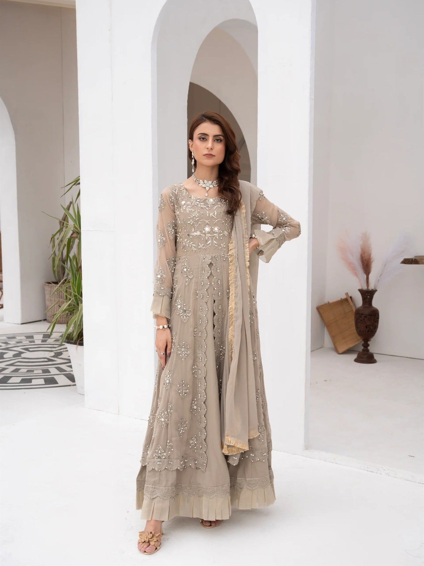 Manahil Arts Chiffon Embroidered Stitched 3-Piece Suit-Kurti-B-006-Camel Brown