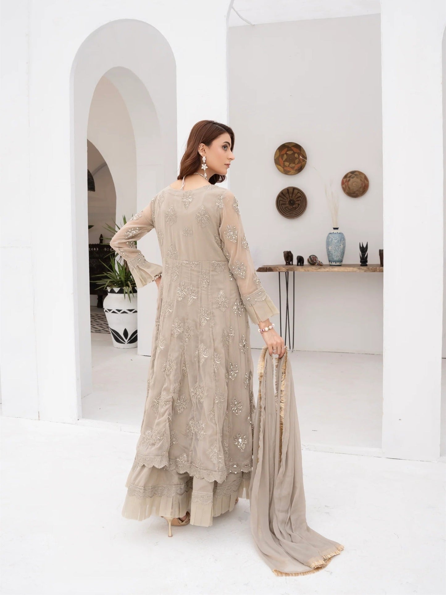 Manahil Arts Chiffon Embroidered Stitched 3-Piece Suit-Kurti-B-006-Camel Brown