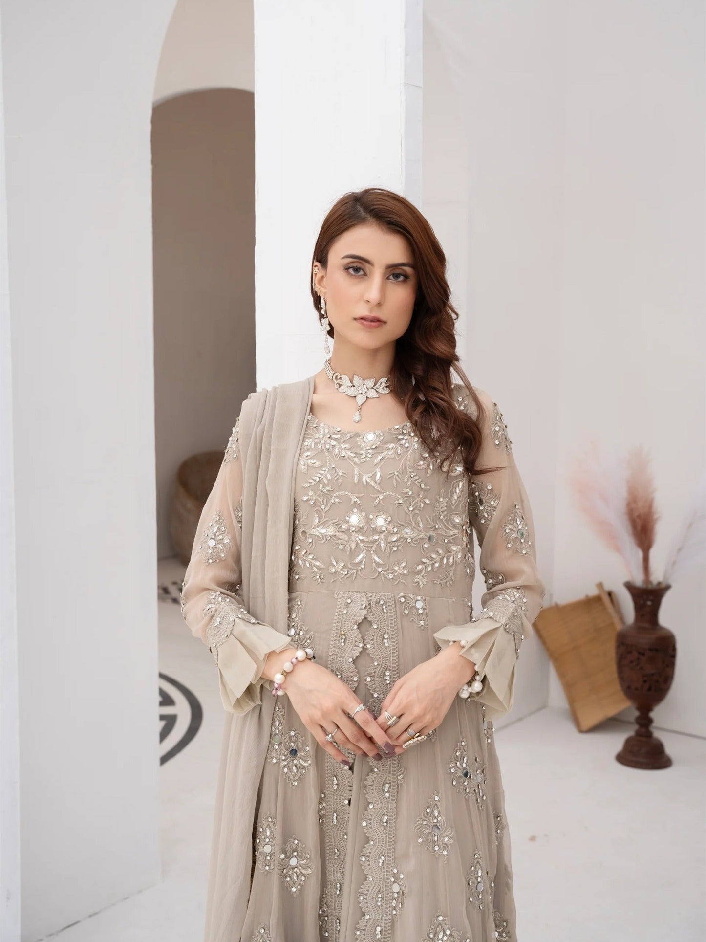 Manahil Arts Chiffon Embroidered Stitched 3-Piece Suit-Kurti-B-006-Camel Brown