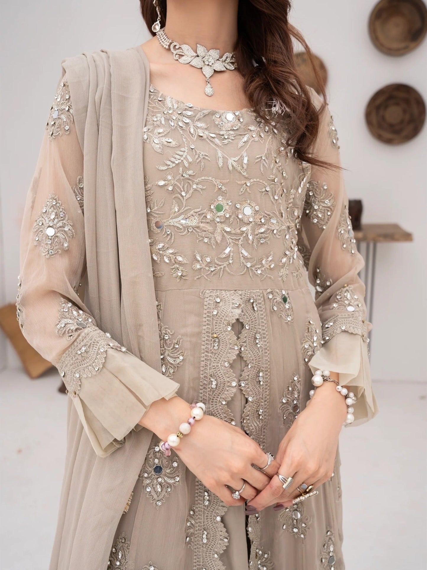 Manahil Arts Chiffon Embroidered Stitched 3-Piece Suit-Kurti-B-006-Camel Brown