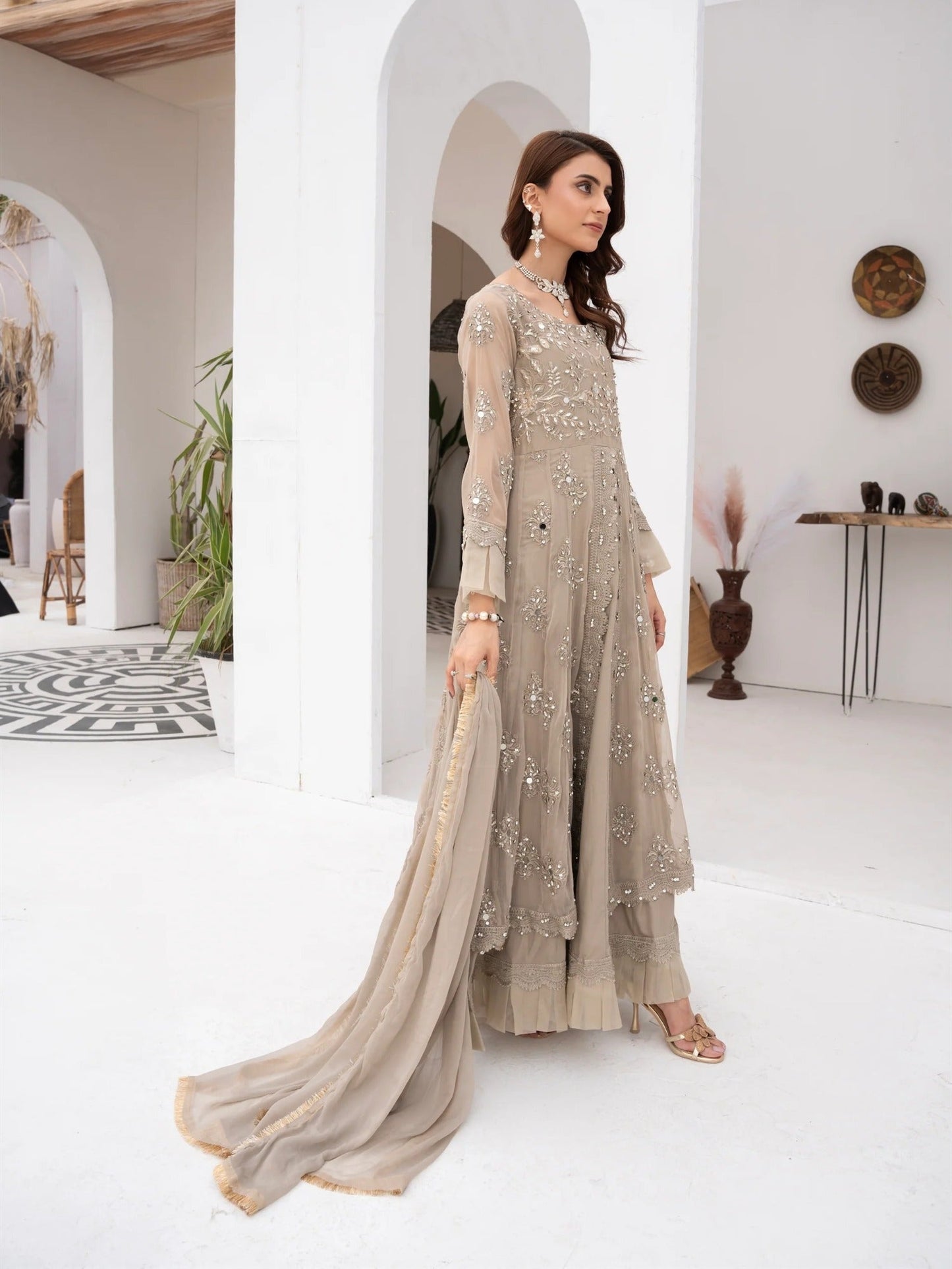 Manahil Arts Chiffon Embroidered Stitched 3-Piece Suit-Kurti-B-006-Camel Brown