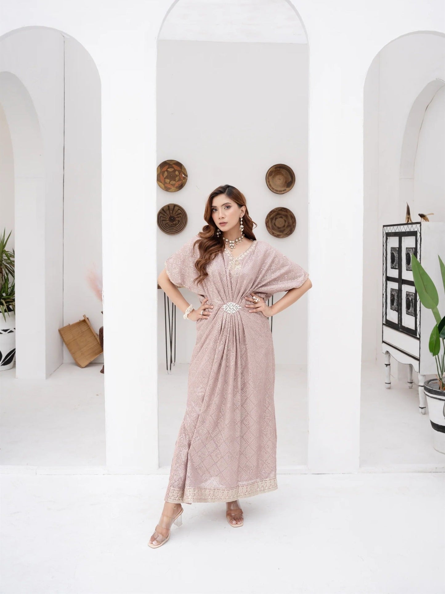 Lilac Manahil Arts Chiffon Embroidered Kaftan Set-WA 03-Lilac