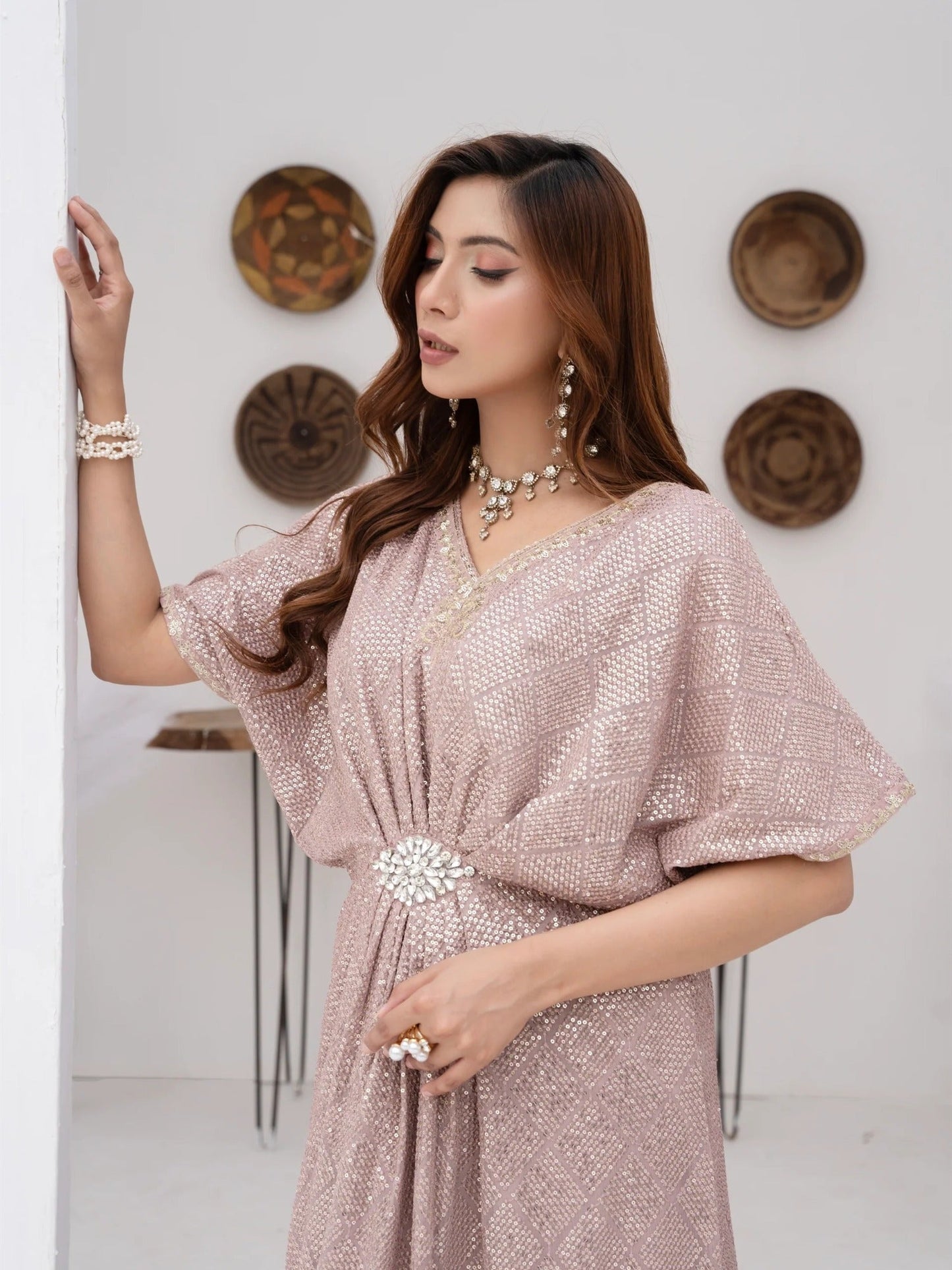 Lilac Manahil Arts Chiffon Embroidered Kaftan Set-WA 03-Lilac