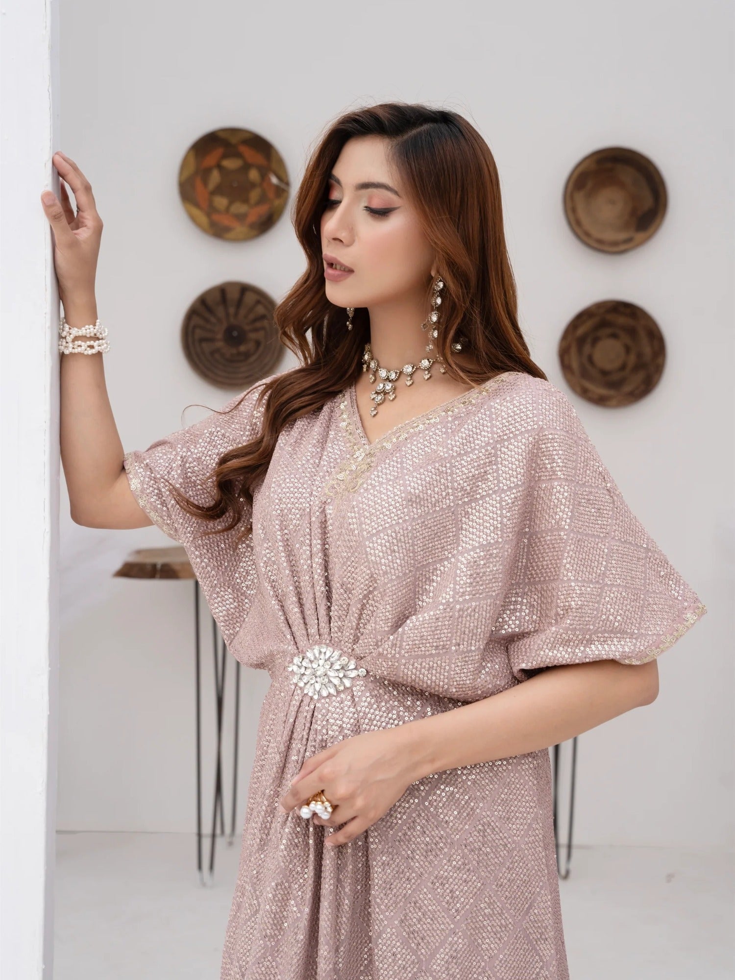 Lilac Manahil Arts Chiffon Embroidered Kaftan Set-WA 03-Lilac
