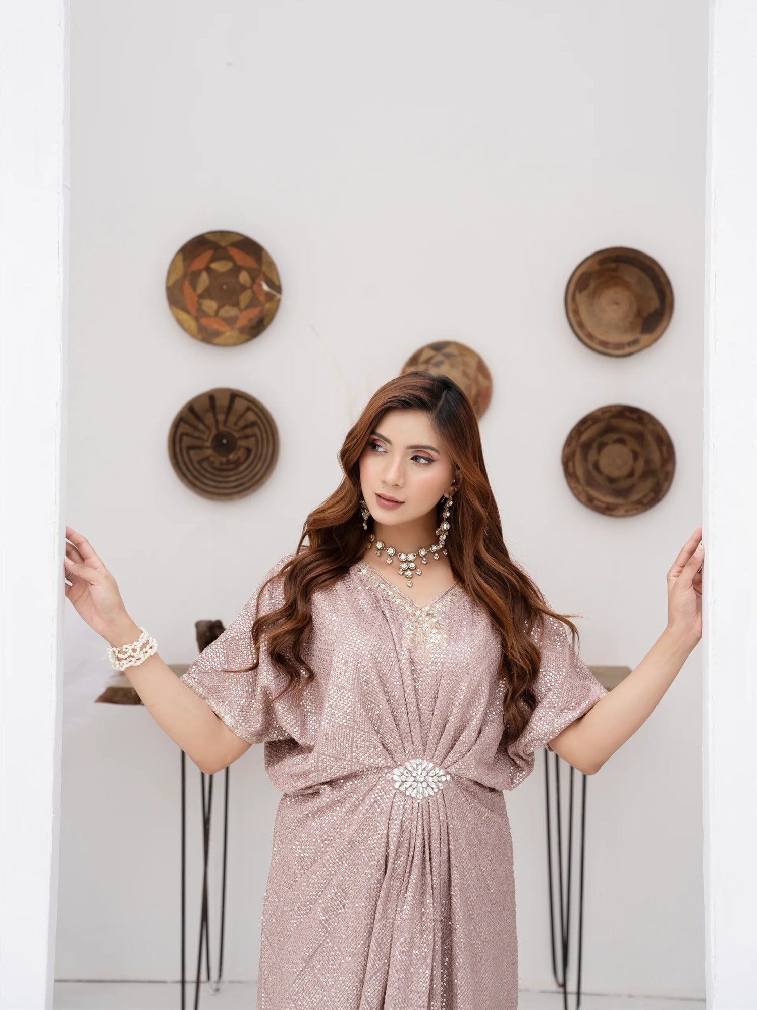 Lilac Manahil Arts Chiffon Embroidered Kaftan Set-WA 03-Lilac