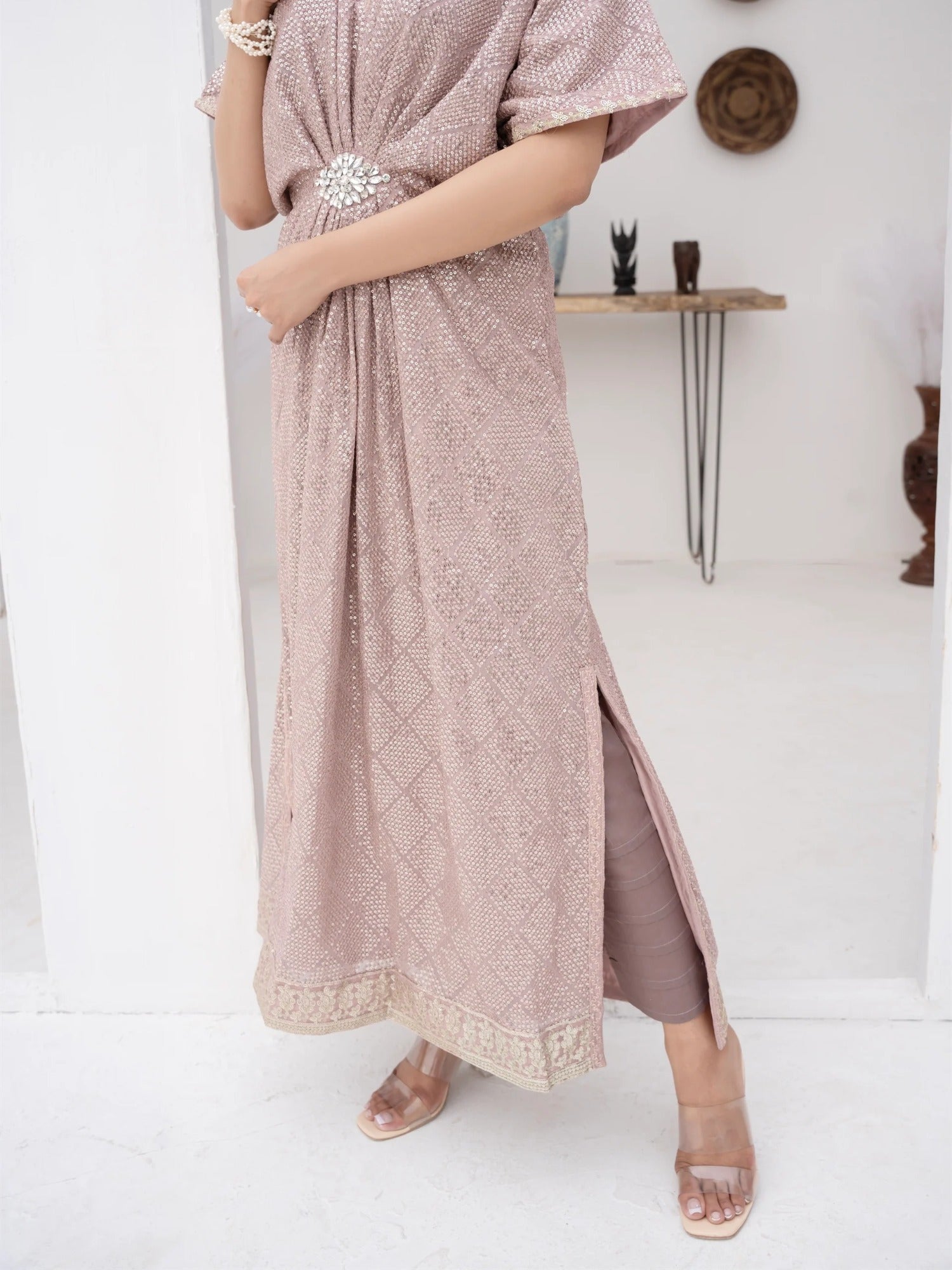 Lilac Manahil Arts Chiffon Embroidered Kaftan Set-WA 03-Lilac