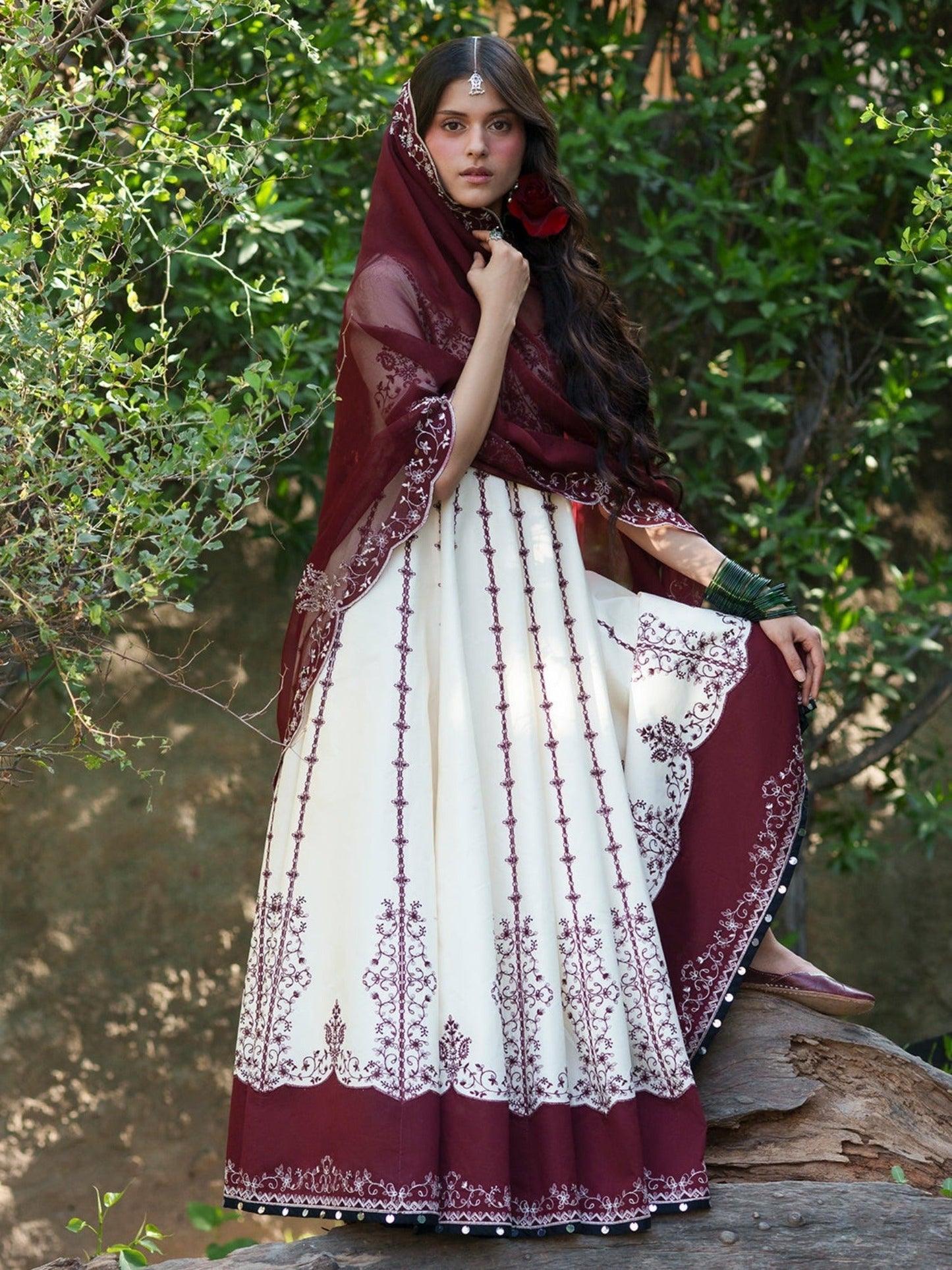 Maroon and White-Binilyas Mausam Summer'26 Lawn Embroidered Unstitched 3-Piece Suit-501