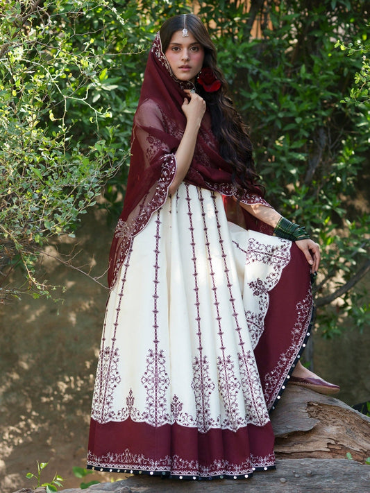 Maroon and White-Binilyas Mausam Summer'26 Lawn Embroidered Unstitched 3-Piece Suit-501