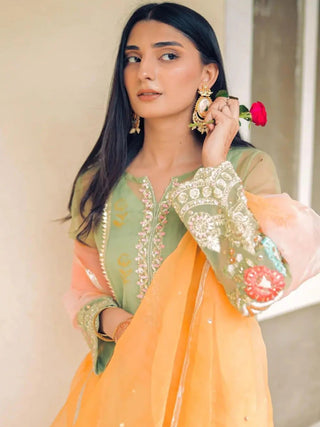 Green HEM Organza Embroidered Stitched 4 Piece Suit Holi
