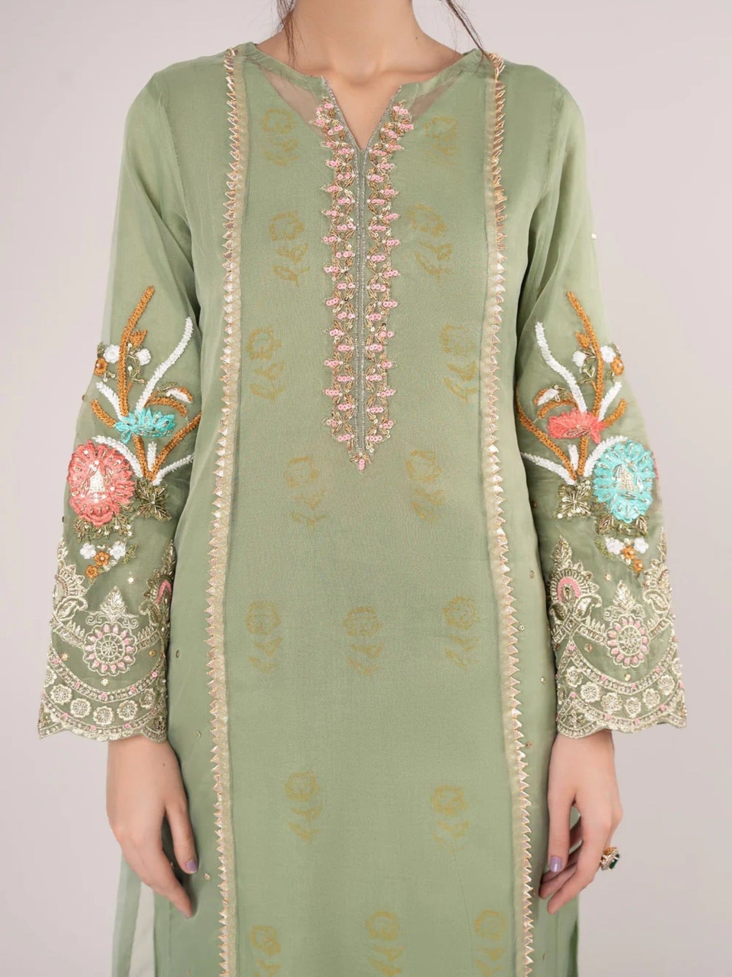 Green-HEM Organza Embroidered Stitched 4-Piece Suit-Holi