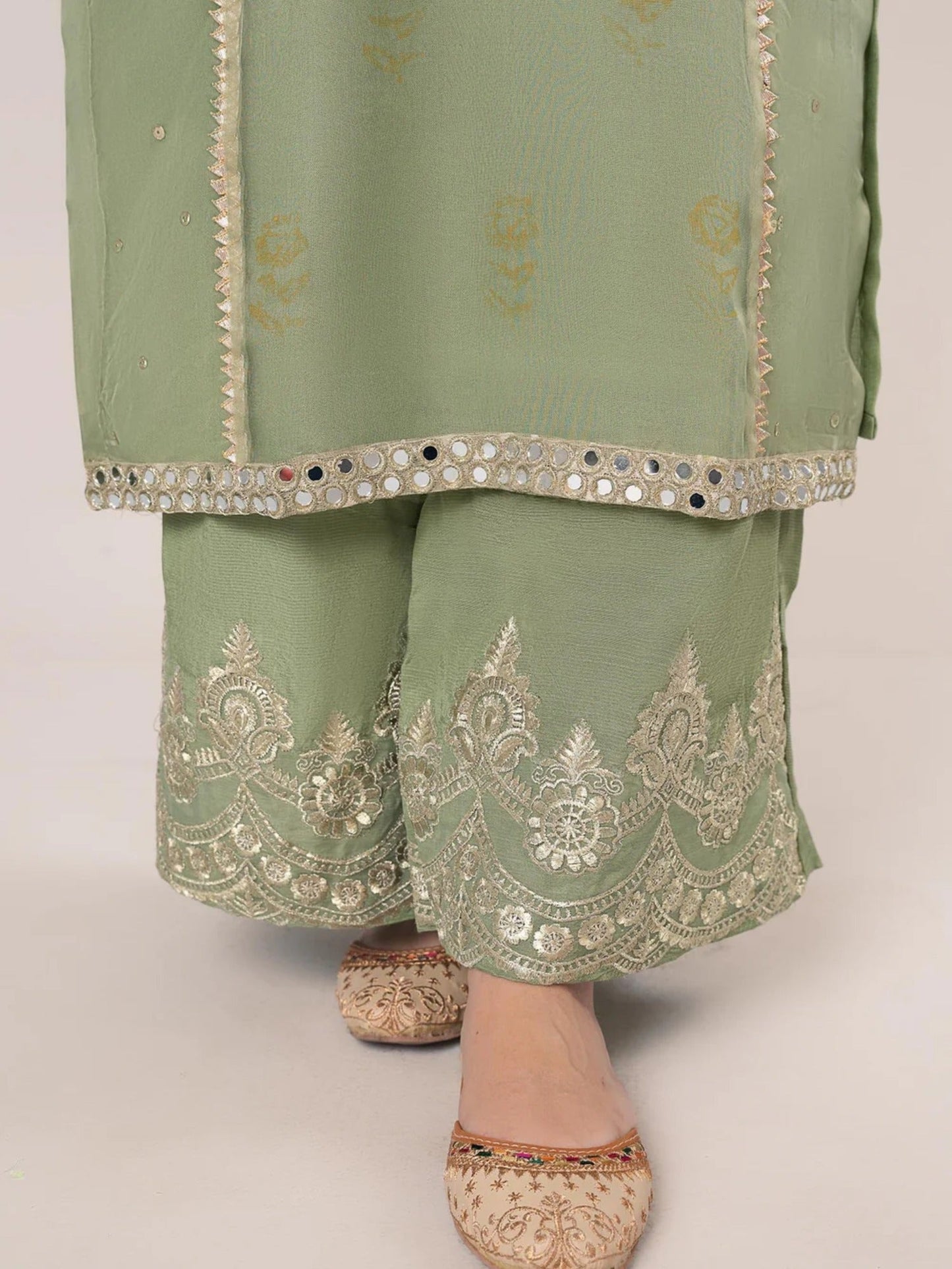 Green-HEM Organza Embroidered Stitched 4-Piece Suit-Holi