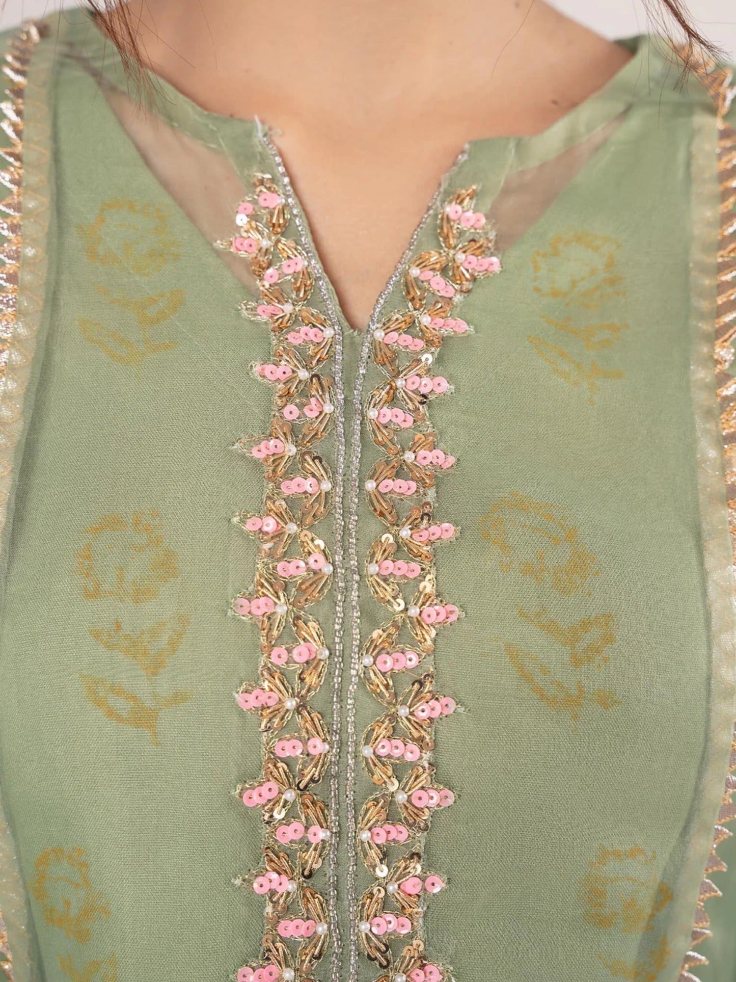 Green-HEM Organza Embroidered Stitched 4-Piece Suit-Holi