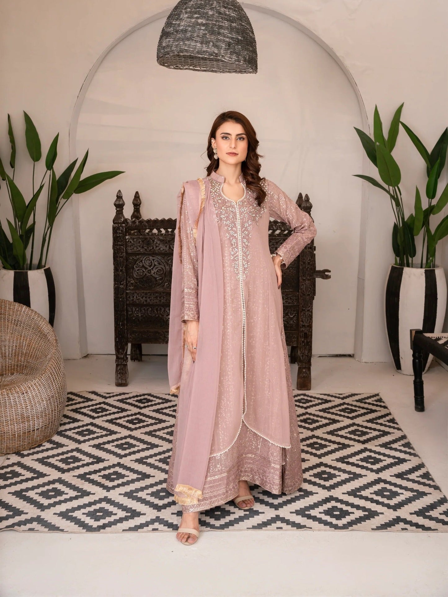 Lilac Manahil Arts Chiffon Embellished Stitched 3-Piece Suit-SW 04-Lilac