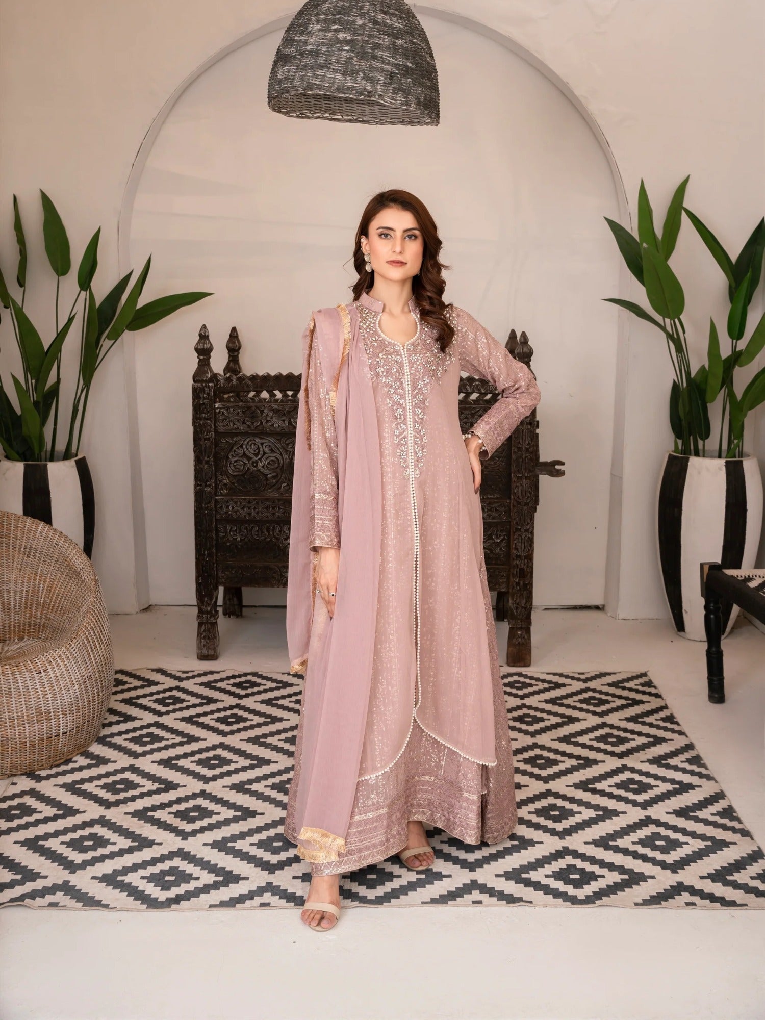 Lilac Manahil Arts Chiffon Embellished Stitched 3-Piece Suit-SW 04-Lilac