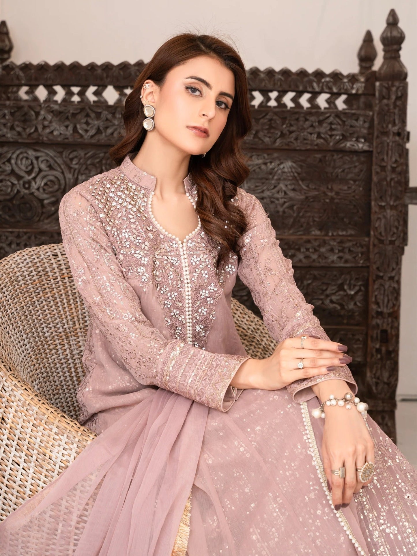 Lilac Manahil Arts Chiffon Embellished Stitched 3-Piece Suit-SW 04-Lilac