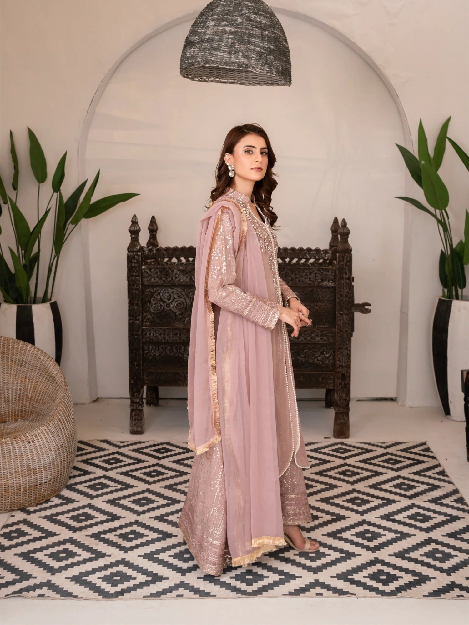 Lilac Manahil Arts Chiffon Embellished Stitched 3-Piece Suit-SW 04-Lilac