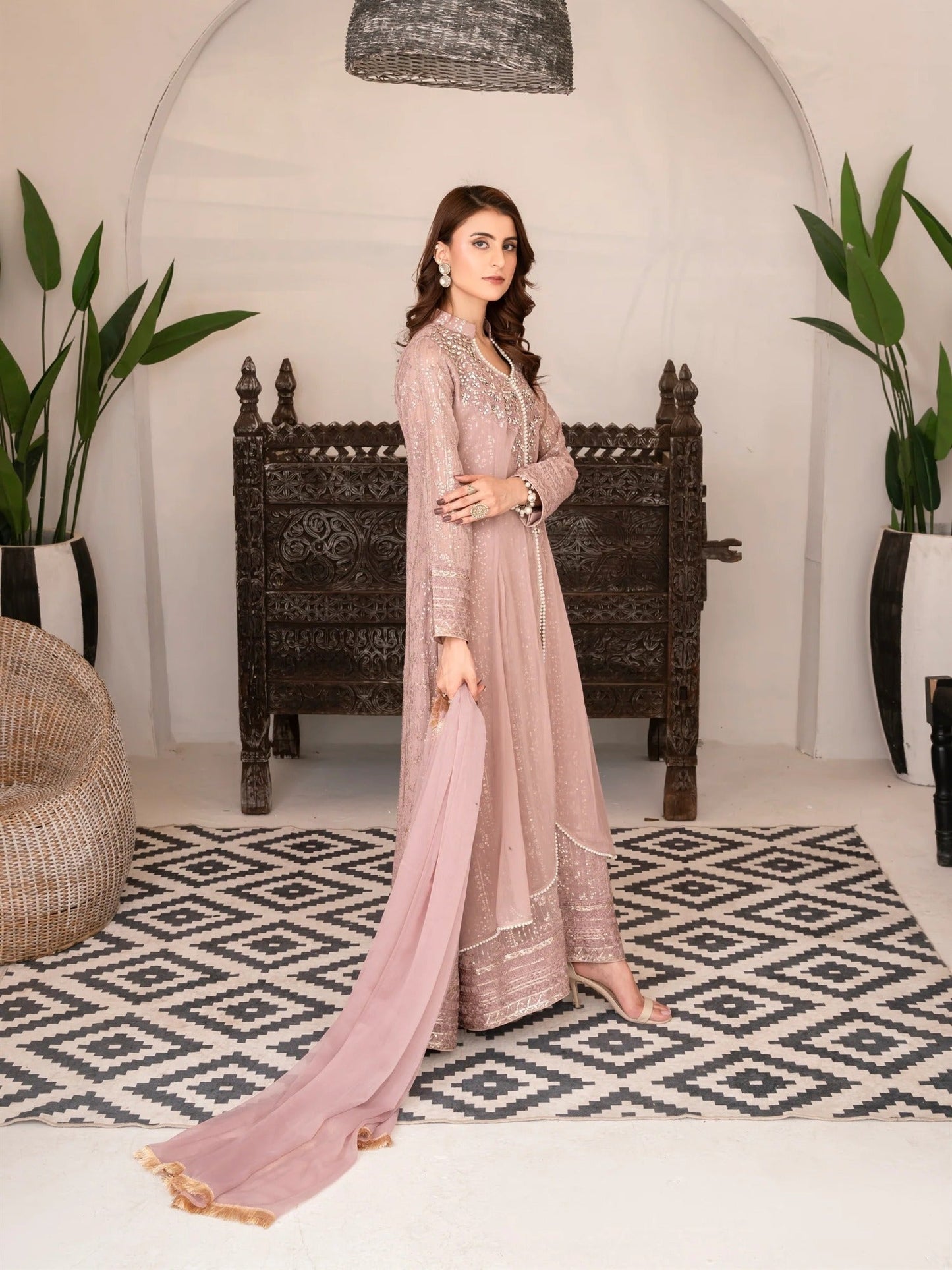 Lilac Manahil Arts Chiffon Embellished Stitched 3-Piece Suit-SW 04-Lilac