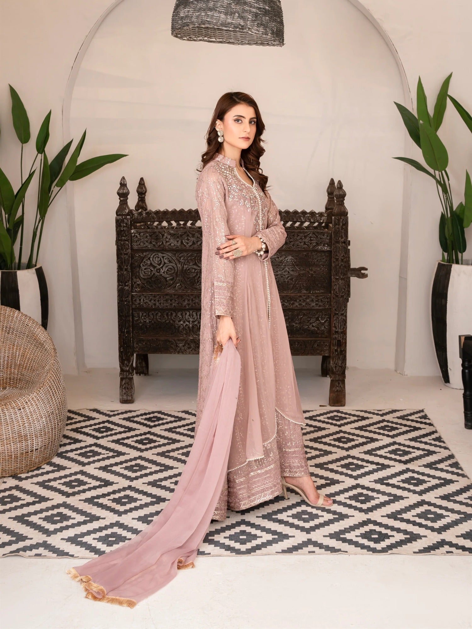 Lilac Manahil Arts Chiffon Embellished Stitched 3-Piece Suit-SW 04-Lilac