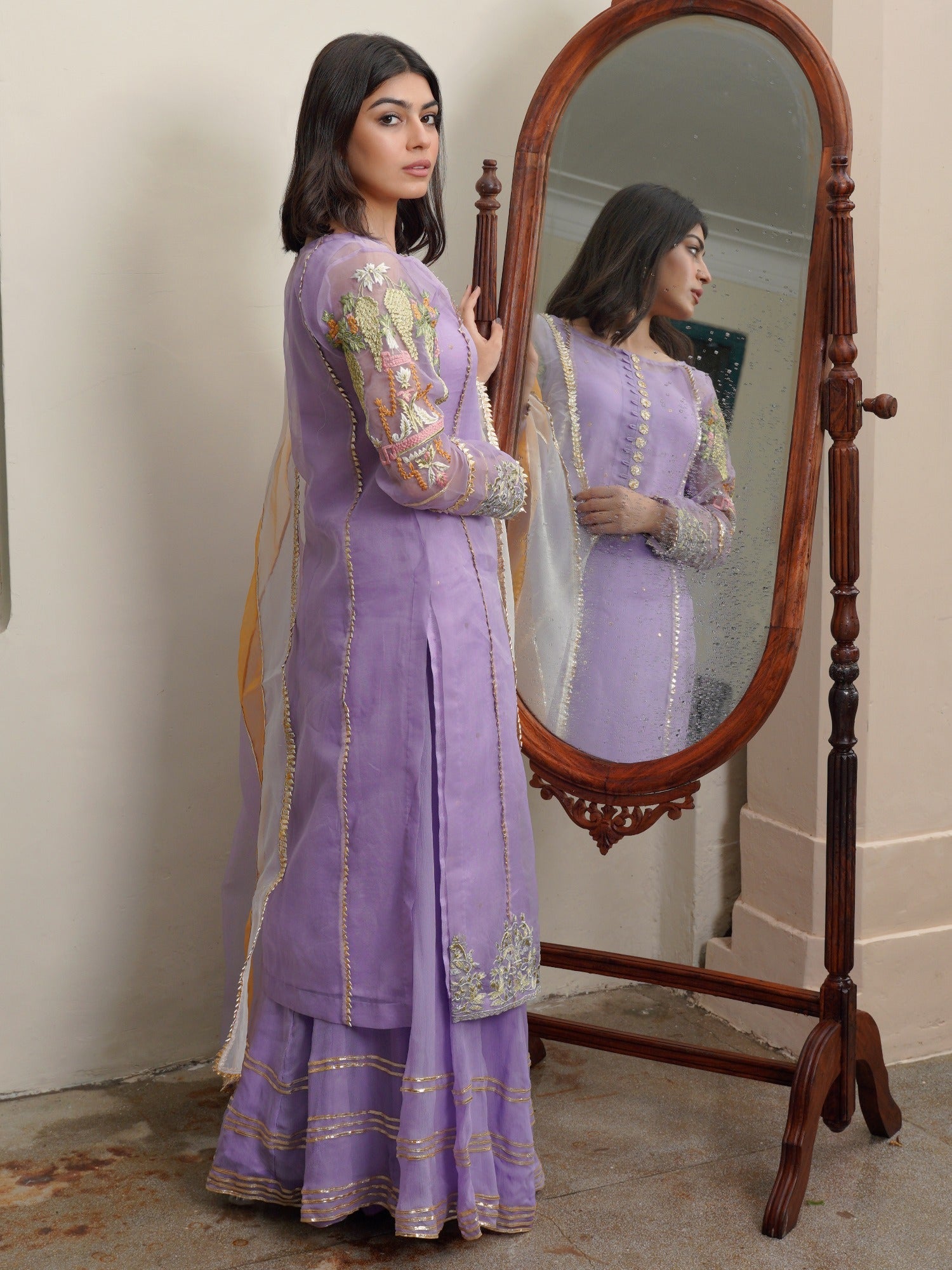Lilac-HEM Organza Embroidered Sharara-Lotus Outfit-Lilac