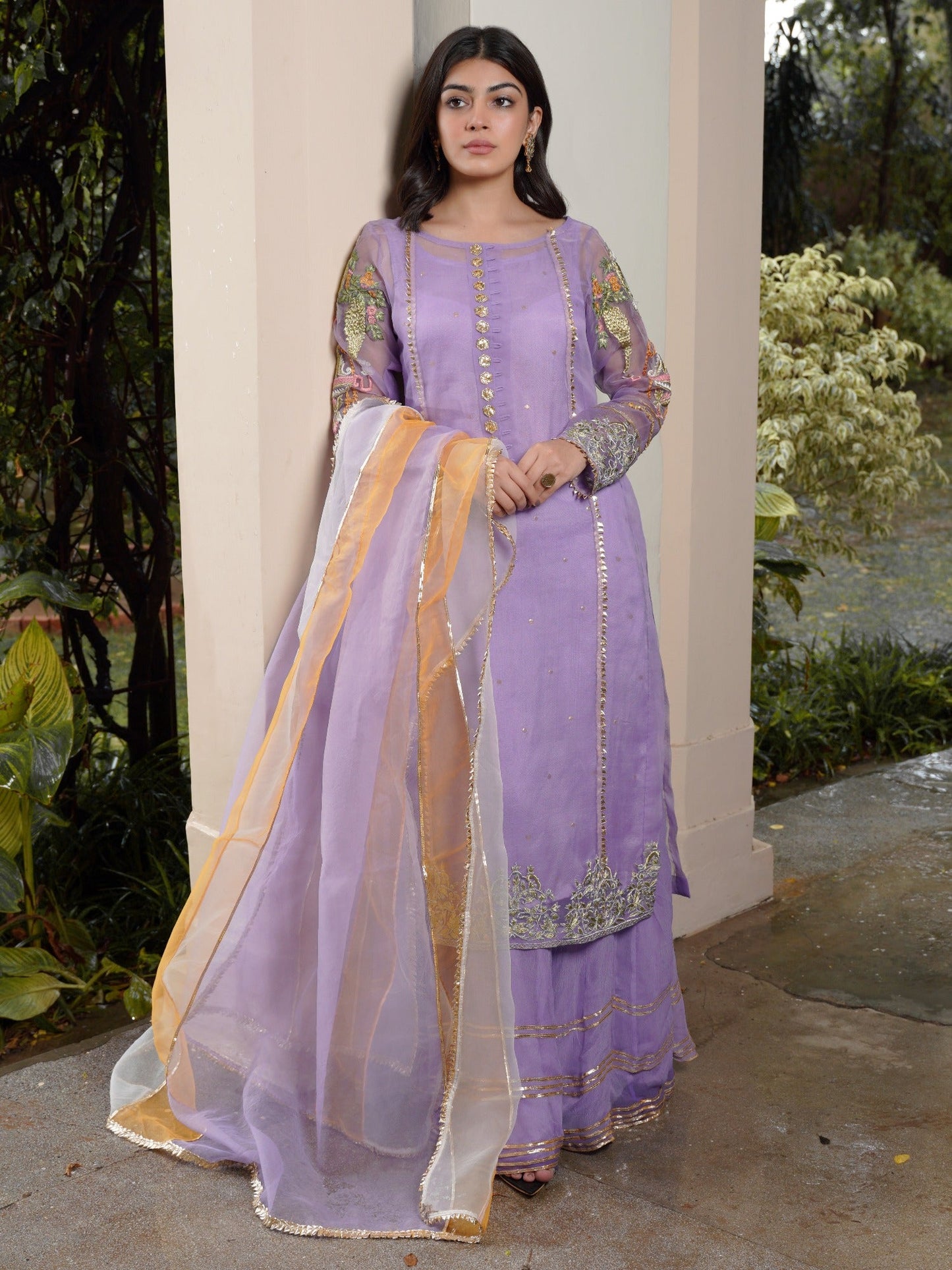 Lilac-HEM Organza Embroidered Sharara-Lotus Outfit-Lilac