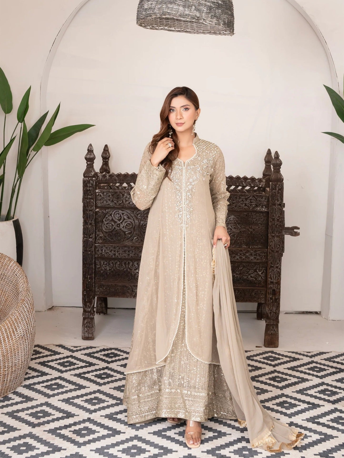 Beige Manahil Arts Chiffon Embellished Stitched 3-Piece Suit-SW 04-Beige